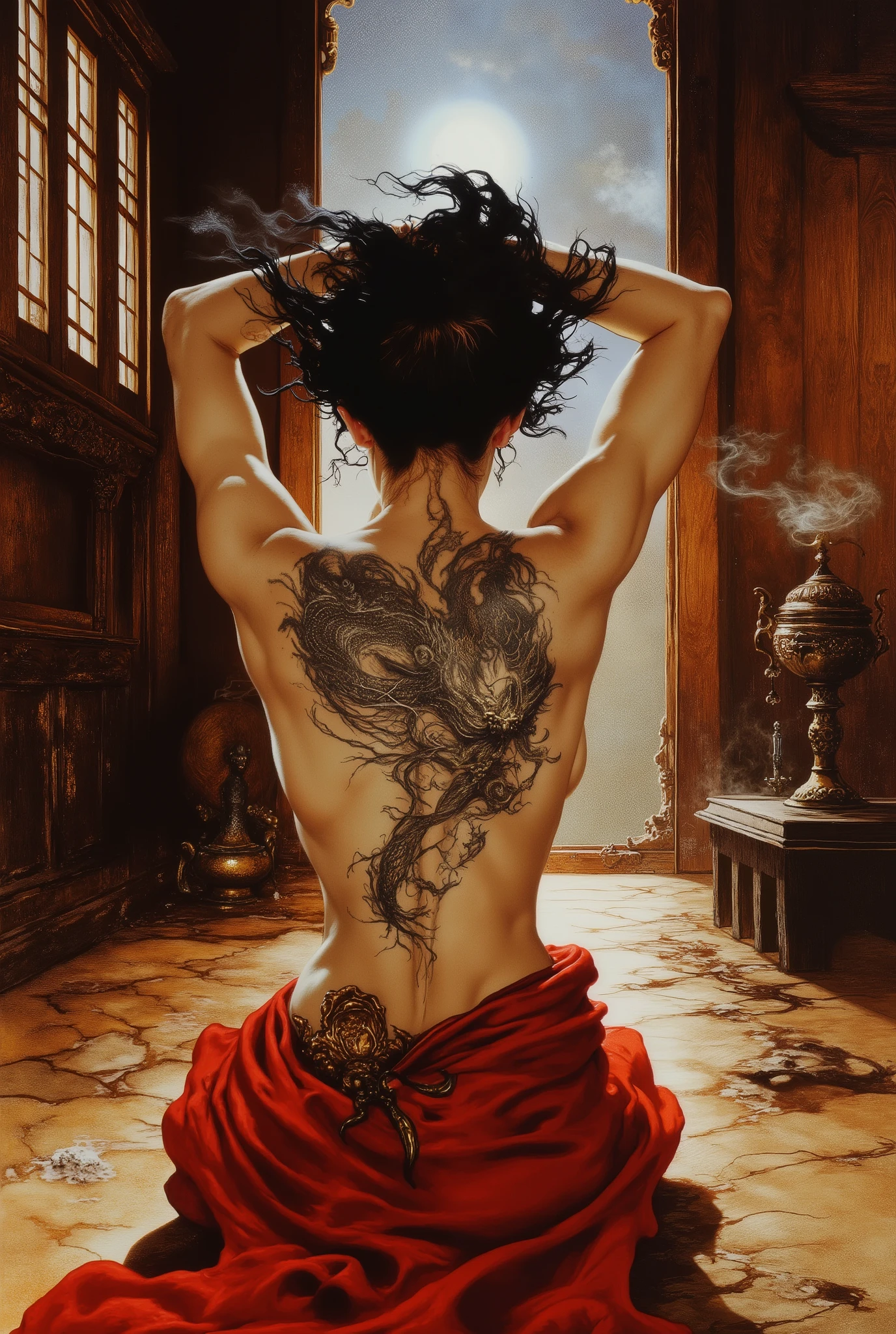 ArsMJStyle, Colored pencil hyperdetailed realism,,ArsMJStyle, Etherial Gothic,,A woman sitting on a wooden floor, seen from behind, lifting her hair up with her hands. There is an intricate dragon tattoo on her back that looks almost alive. A red cloth around her hips. A Japanese temple chamber with wooden interior. Smoke rising from a golden censer. Moonlight on her skin.