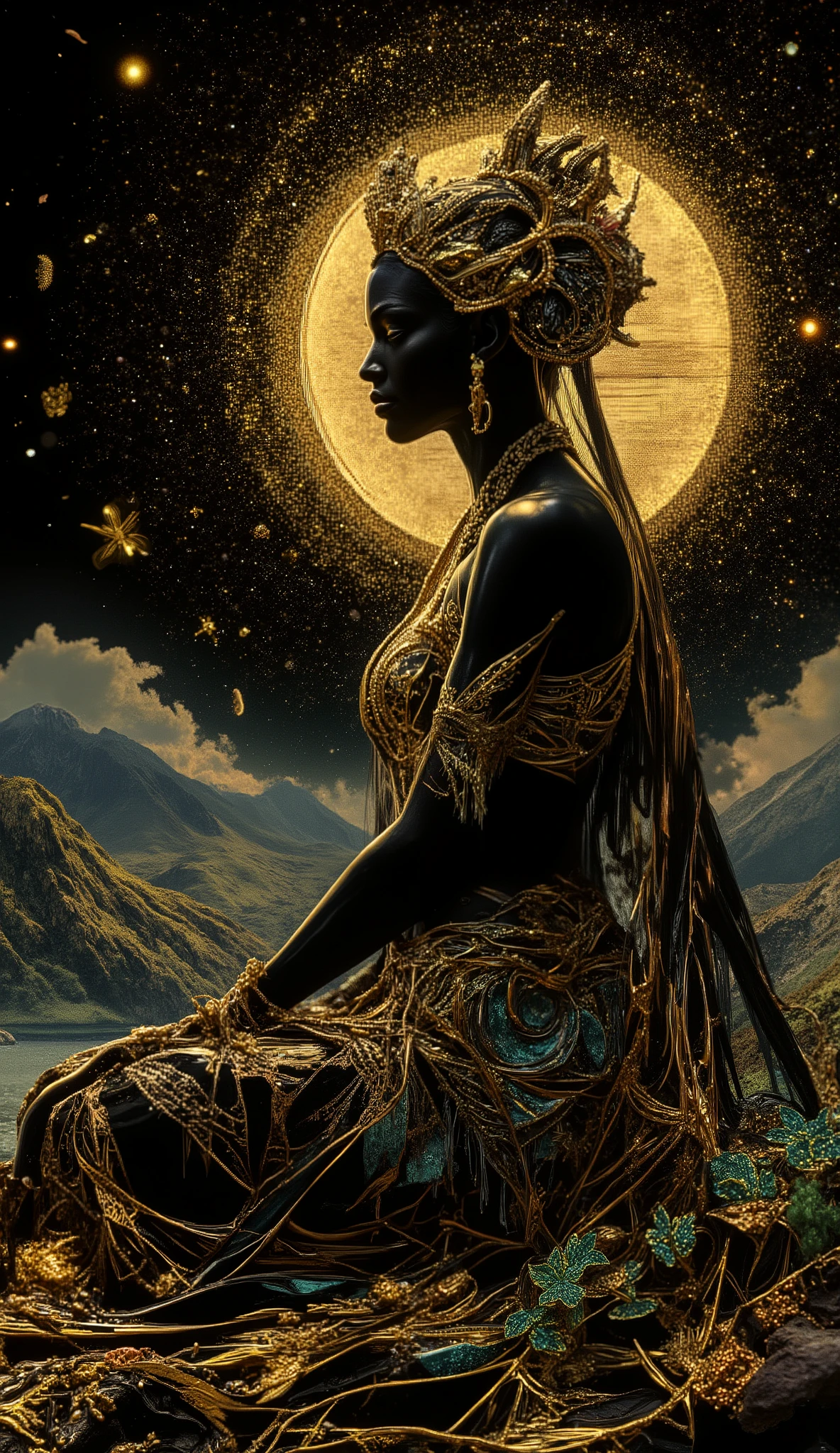 A divine ebony enchantress seated at the feet of Mount Kilimanjaro, bare belly shimmering like obsidian kissed by dawn. Wearing a flowing dress layered with creams, gold foil, copper foil and sapphire accents, sculpted couture glass textures. Fusion of Kandinsky geometry, Alex Grey spiritual bio-patterns, Murano glass shimmer, Hokusai & Kuniyoshi dramatic elegance. Deep rich colors, 3D glass op-art, heavy brushstrokes, Art Deco glow. Inspired by Annigoni, Egon Schiele sensual lines, Milo Manara grace, Botticelli divine softness, Catrin mood, Welz-Stein whimsy, Jean Metzinger structure, Klimt golden mysticism. Light pinks, light yellows, beige, soft greens, delicate creams glowing on black. Ultra saturated tiny details, luminous rim-light, inner halo glow, volumetric divine dust, sequins, glitter, crystal spark, platinum specs. Mystical warm aura, regal presence, ethereal magnetic seduction, sacred queen energy.