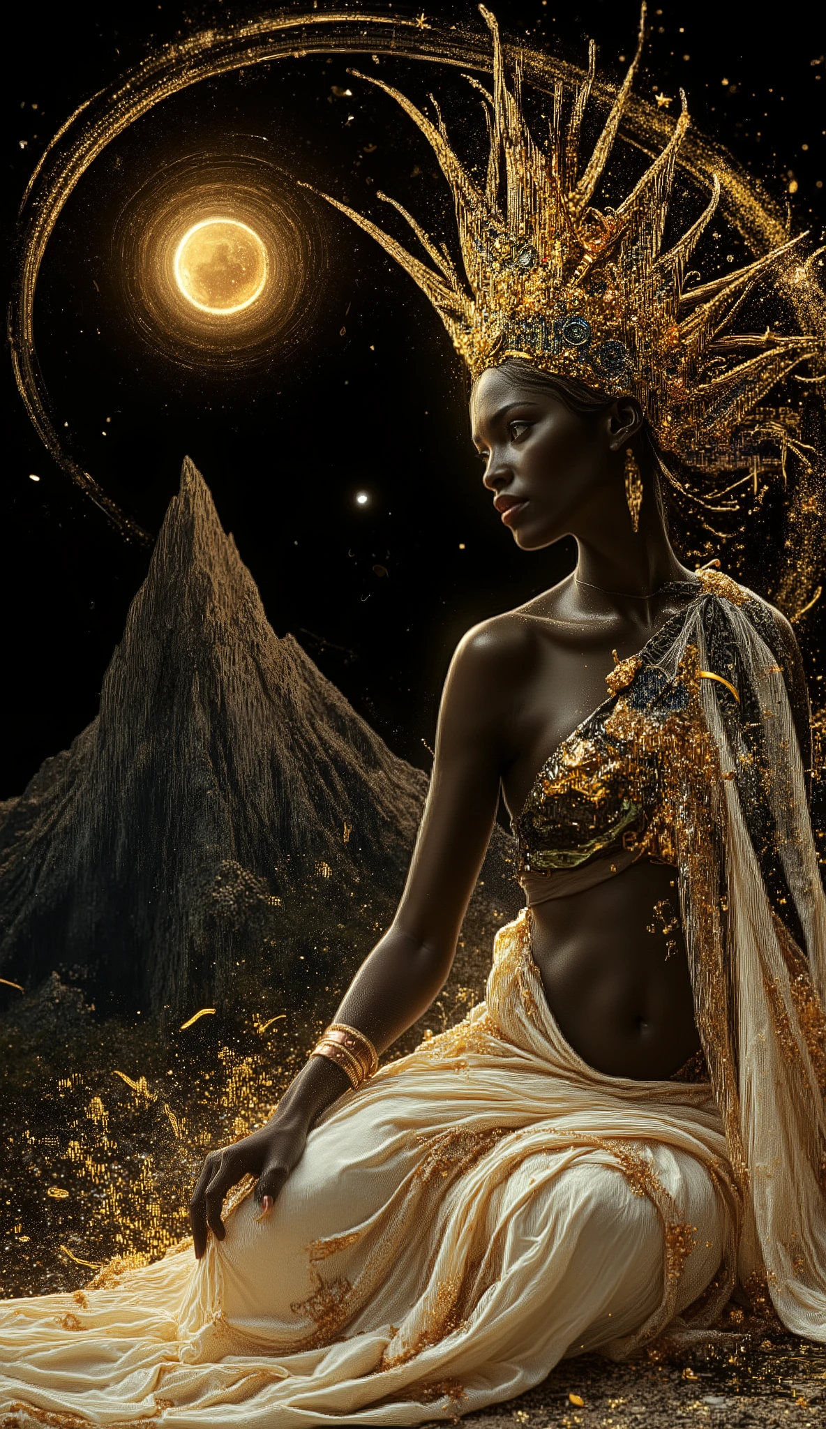 A divine ebony enchantress seated at the feet of Mount Kilimanjaro, bare belly shimmering like obsidian kissed by dawn. Wearing a flowing dress layered with creams, gold foil, copper foil and sapphire accents, sculpted couture glass textures. Fusion of Kandinsky geometry, Alex Grey spiritual bio-patterns, Murano glass shimmer, Hokusai & Kuniyoshi dramatic elegance. Deep rich colors, 3D glass op-art, heavy brushstrokes, Art Deco glow. Inspired by Annigoni, Egon Schiele sensual lines, Milo Manara grace, Botticelli divine softness, Catrin mood, Welz-Stein whimsy, Jean Metzinger structure, Klimt golden mysticism. Light pinks, light yellows, beige, soft greens, delicate creams glowing on black. Ultra saturated tiny details, luminous rim-light, inner halo glow, volumetric divine dust, sequins, glitter, crystal spark, platinum specs. Mystical warm aura, regal presence, ethereal magnetic seduction, sacred queen energy.