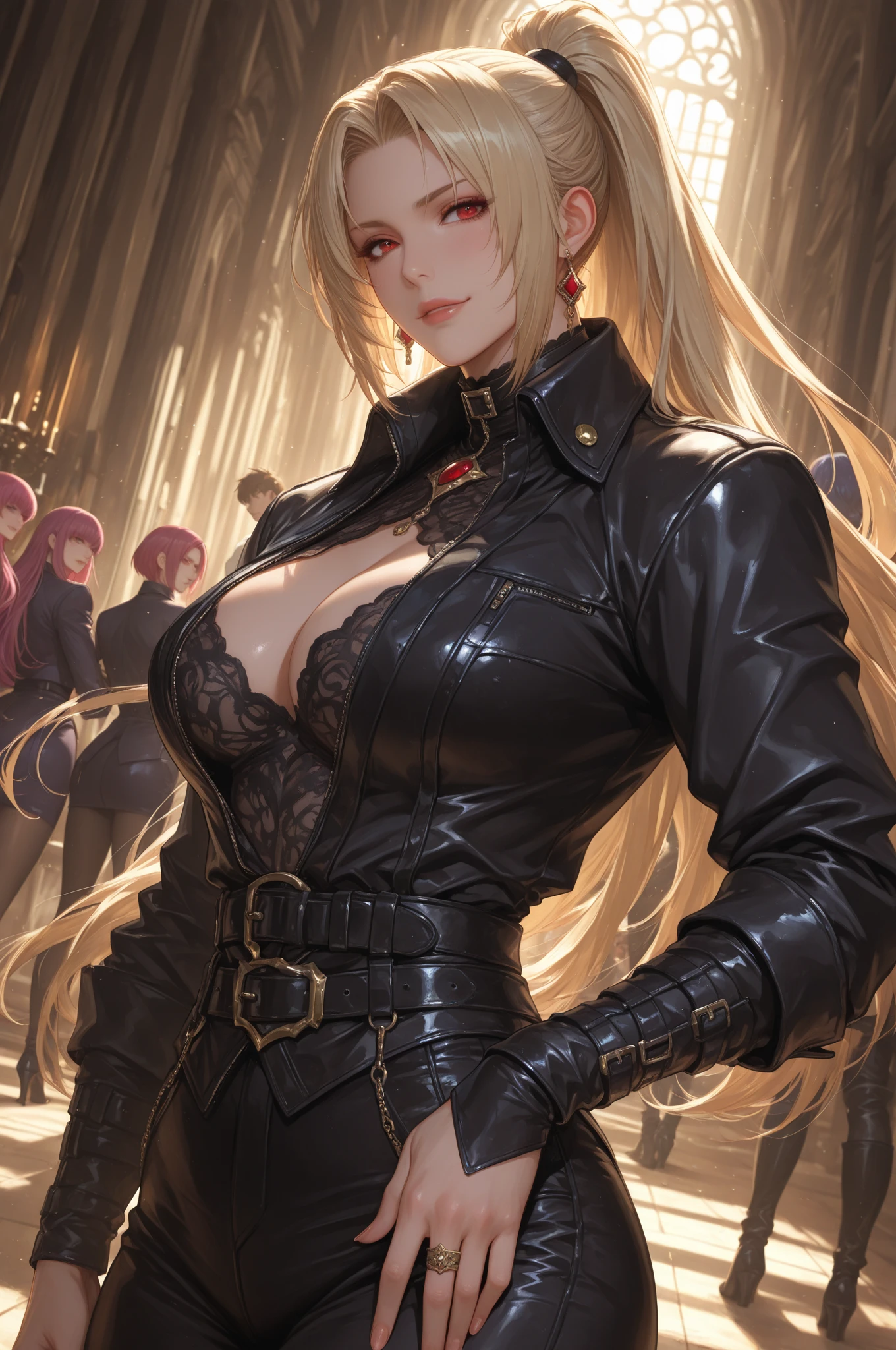 1girl, evelyn chevalier, black gloves, black pants, blonde hair, coat, coat on shoulders, collared shirt, elbow gloves, goves, half gloves, mole, mole under eye, necktie, pants, parted lips, red gloves, shirt, sleeveless, sleeveless shirt, solo, standing, tight clothes, tight pants, two-tone gloves, broken glass, dark, white shirt, yellow necktie, looking at viewer,
masterpiece, high score, great score