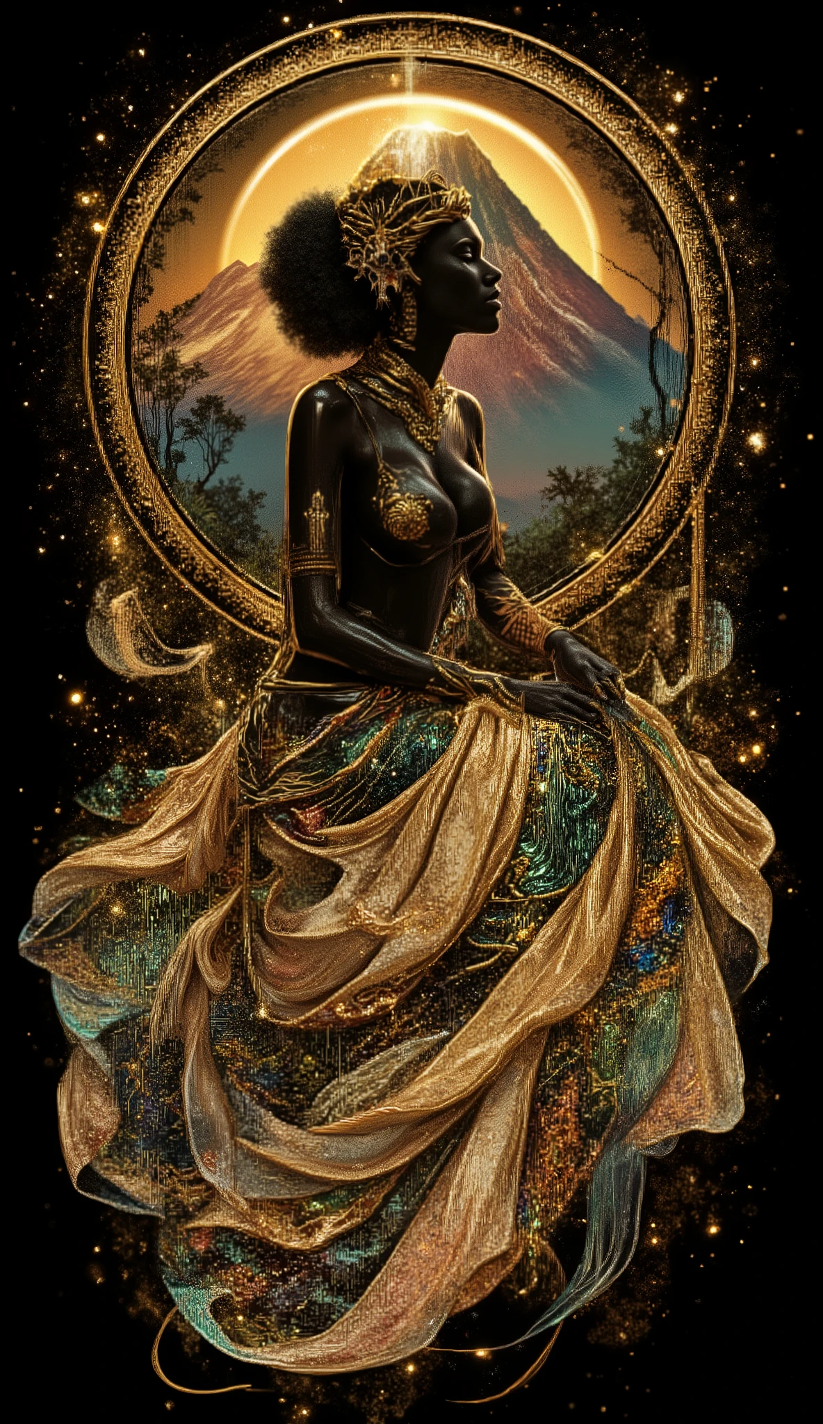 A divine ebony enchantress seated at the feet of Mount Kilimanjaro, bare belly shimmering like obsidian kissed by dawn. Wearing a flowing dress layered with creams, gold foil, copper foil and sapphire accents, sculpted couture glass textures. Fusion of Kandinsky geometry, Alex Grey spiritual bio-patterns, Murano glass shimmer, Hokusai & Kuniyoshi dramatic elegance. Deep rich colors, 3D glass op-art, heavy brushstrokes, Art Deco glow. Inspired by Annigoni, Egon Schiele sensual lines, Milo Manara grace, Botticelli divine softness, Catrin mood, Welz-Stein whimsy, Jean Metzinger structure, Klimt golden mysticism. Light pinks, light yellows, beige, soft greens, delicate creams glowing on black. Ultra saturated tiny details, luminous rim-light, inner halo glow, volumetric divine dust, sequins, glitter, crystal spark, platinum specs. Mystical warm aura, regal presence, ethereal magnetic seduction, sacred queen energy.