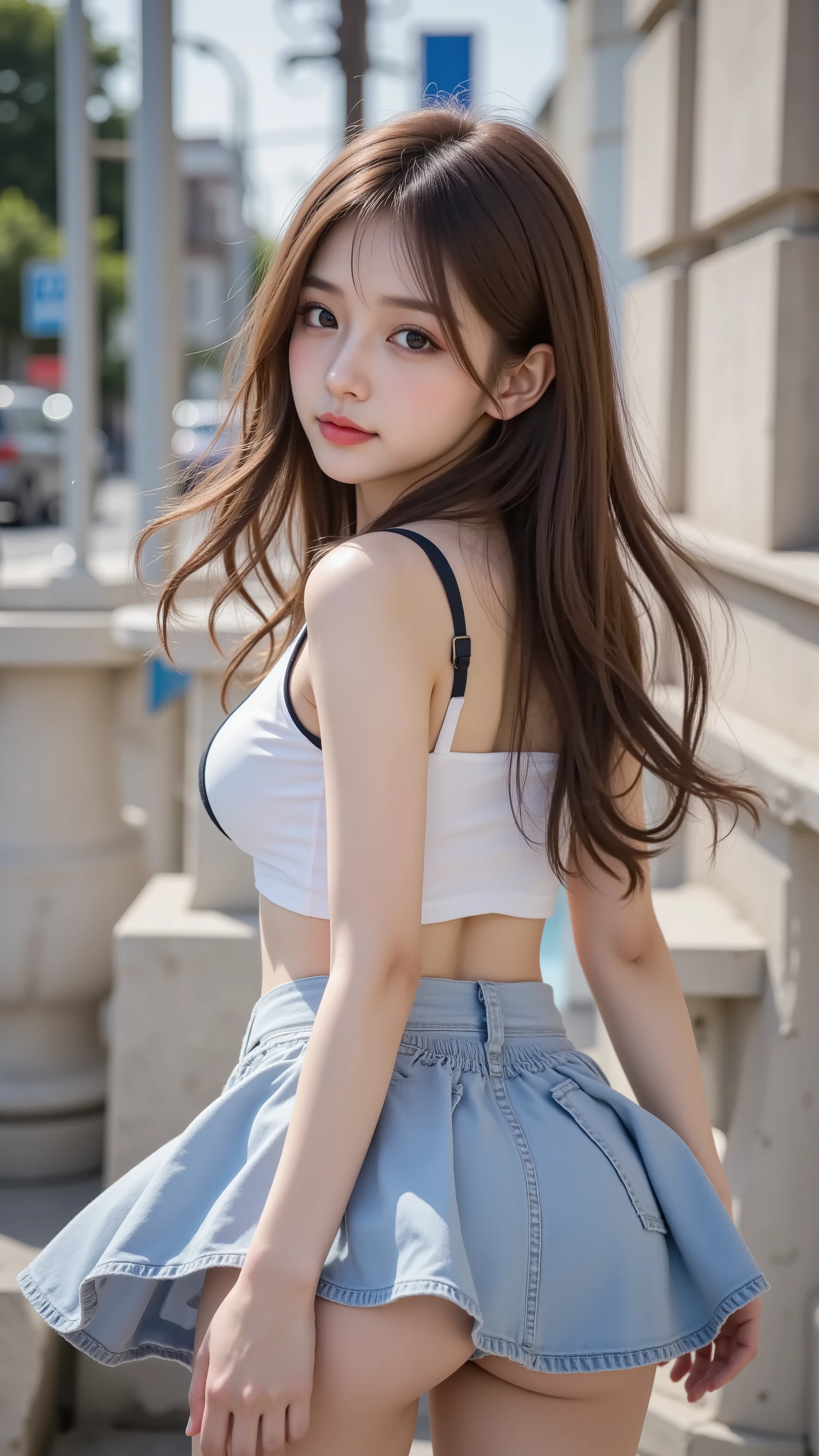 Beautiful girl taking a picture wearing a skirt, realistic young gravure idol, young beautiful gravure idol, anime girl in real life, young gravure idol, Chiho, attractive girl, Asian woman with long hair, Beautiful Young Korean Woman, beautiful and attractive anime teen, beautiful anime girl, Young Japanese Woman's, beautiful Chinese model, ((panty shot, 魅惑的な下尻,  nice butt)), ((Big beautiful breasts)), (tight waist:1.2), Highest Quality、best image quality、greatest masterpiece、realistic all over the t-shirt、Ultra High Definition