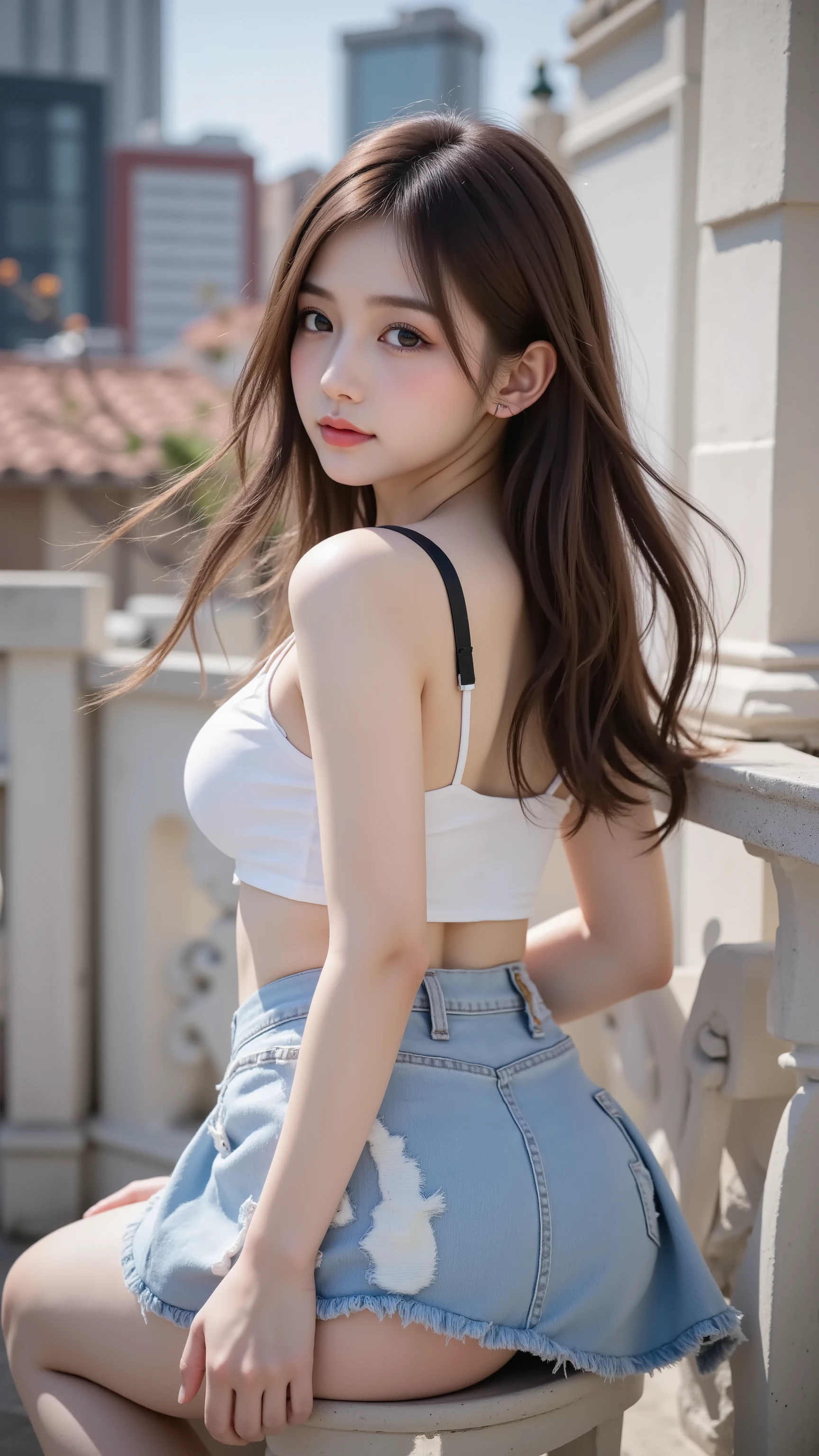 Beautiful girl taking a picture wearing a skirt, realistic young gravure idol, young beautiful gravure idol, anime girl in real life, young gravure idol, Chiho, attractive girl, Asian woman with long hair, Beautiful Young Korean Woman, beautiful and attractive anime teen, beautiful anime girl, Young Japanese Woman's, beautiful Chinese model, ((panty shot, 魅惑的な下尻, nice butt)), ((Big beautiful breasts)), (tight waist:1.2), Highest Quality、best image quality、greatest masterpiece、realistic all over the t-shirt、Ultra High Definition