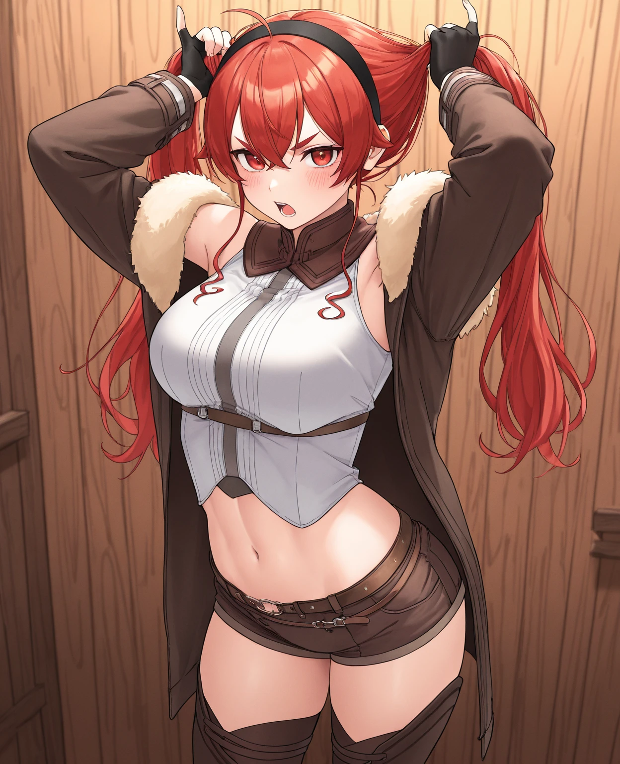 senna 1girl, 1boy, thigh , , crop top, highleg , mature male, grabbing, hug ,, masterpiece, best quality, highly detailed,red eyes,