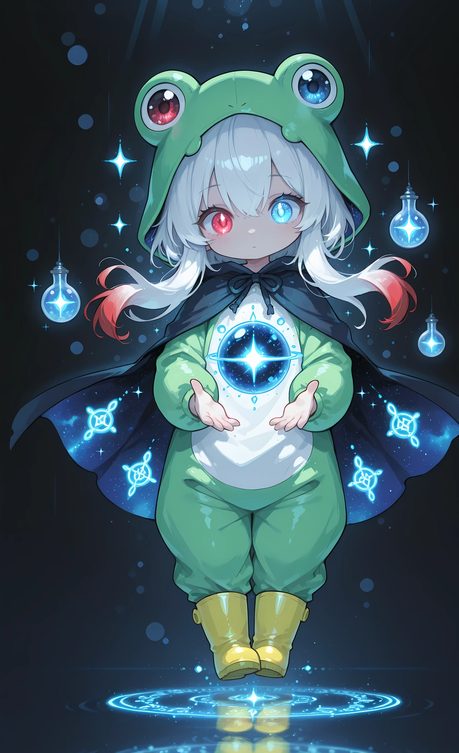 Glowing_Lights, glowing_light, glowing, glowing_effect, sparkling, particles, sparkle_effect, light_particles, glitter, glitter_effect, bokeh, light_bokeh, light_reflection, glow, Melys Chibi, masterpiece, best quality, ultra-detailed:1.3, chibi style, 1girl, solo, pure white hair with soft gradient red tips, heterochromia crimson red right eye:1.3 and ice blue left eye:1.3, fair skin, wearing bright green frog onesie, yellow rain boots, enveloped in vast mystical cloak, cloak with glowing blue runes, cloak made of swirling nebula and constellations, shadowy figure hidden within cloak's depths, glowing eyes peering from darkness, ancient blue runes floating in air, mysterious atmosphere, "Magical Cloak" theme, deep space background, cosmic mystery