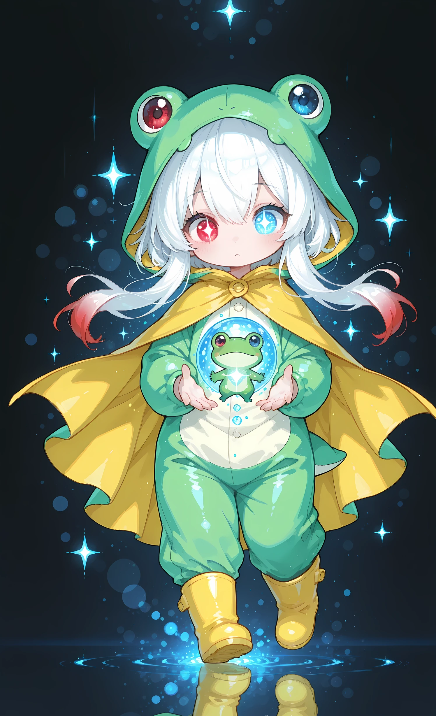 Glowing_Lights, glowing_light, glowing, glowing_effect, sparkling, particles, sparkle_effect, light_particles, glitter, glitter_effect, bokeh, light_bokeh, light_reflection,glow, Melys Chibi, masterpiece, best quality, ultra-detailed:1.3, chibi style, 1girl, solo, pure white hair with soft gradient red tips, heterochromia crimson red right eye:1.3 and ice blue left eye:1.3, fair skin, wearing bright green frog onesie with yellow cape, yellow rain boots, enveloped in vast mystical cloak, cloak made of swirling nebula and constellations, shadowy figure hidden within cloak's depths, glowing eyes peering from darkness, ancient runes floating in air, mysterious atmosphere, "Magical Cloak" theme, deep space background, cosmic mystery