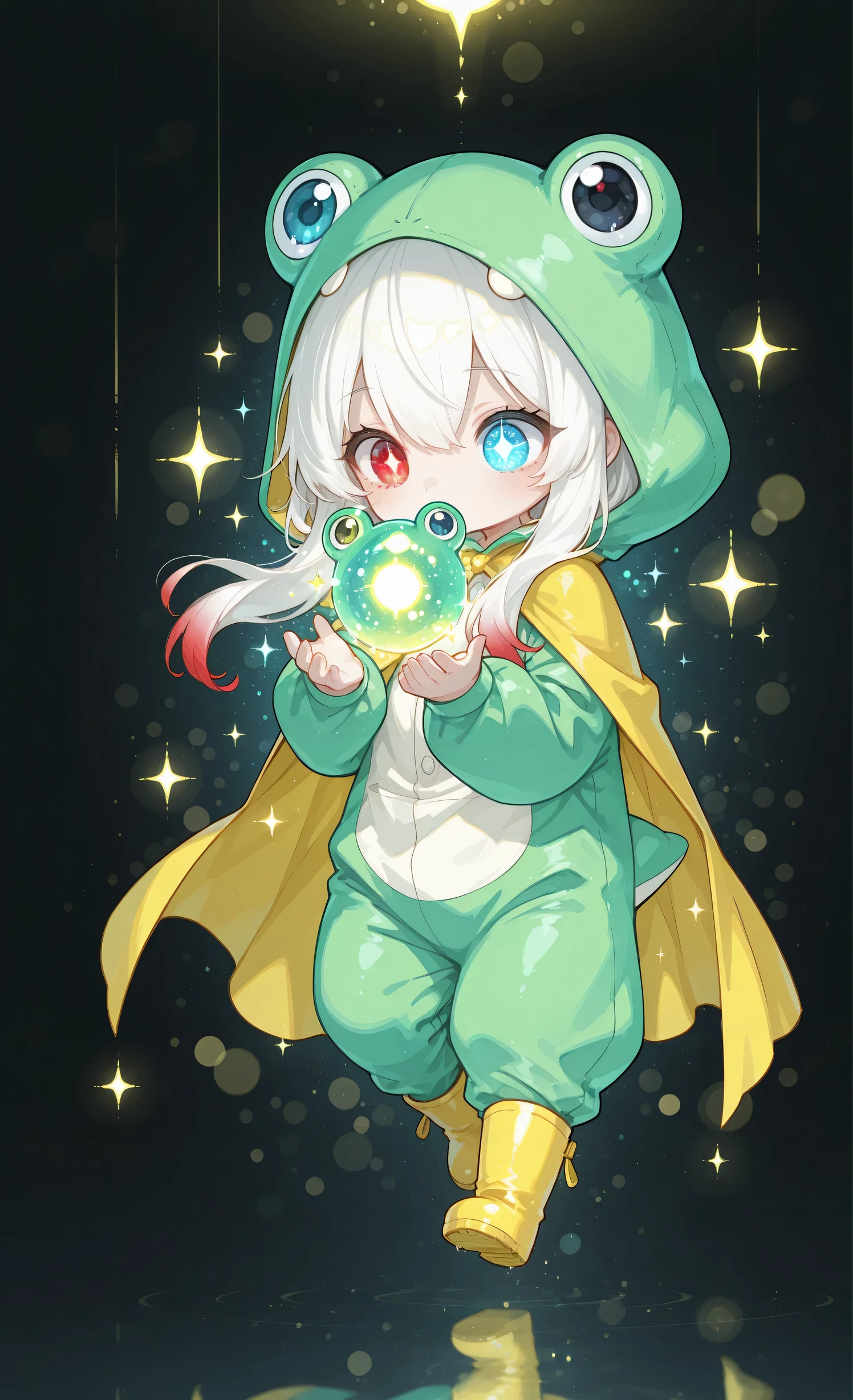 Glowing_Lights, glowing_light, glowing, glowing_effect, sparkling, particles, sparkle_effect, light_particles, glitter, glitter_effect, bokeh, light_bokeh, light_reflection,glow, Melys Chibi, masterpiece, best quality, ultra-detailed:1.3, chibi style, 1girl, solo, pure white hair with soft gradient red tips, heterochromia crimson red right eye:1.3 and ice blue left eye:1.3, fair skin, wearing bright green frog onesie with yellow cape, yellow rain boots, enveloped in vast mystical cloak, cloak made of swirling nebula and constellations, shadowy figure hidden within cloak's depths, glowing eyes peering from darkness, ancient runes floating in air, mysterious atmosphere, "Magical Cloak" theme, deep space background, cosmic mystery