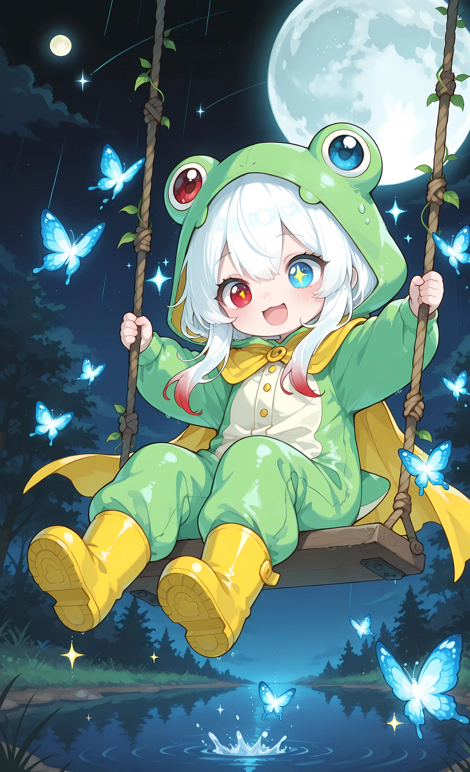 Melys Chibi, masterpiece, best quality, ultra-detailed:1.3, chibi style, 1girl, solo, pure white hair with soft gradient red tips, heterochromia crimson red right eye:1.3 and ice blue left eye:1.3, fair skin, wearing bright green frog onesie with yellow cape, yellow rain boots, dynamic low angle shot, soaring high on swing, magical cloak billowing dramatically behind her, cloak flowing with sparkling stardust and shimmering light trails, no wings, glowing blue butterflies flying around her, excited joyful expression, surrounded by water, night sky with full moon and stars, "Magical Cloak" theme, sense of flight and freedom