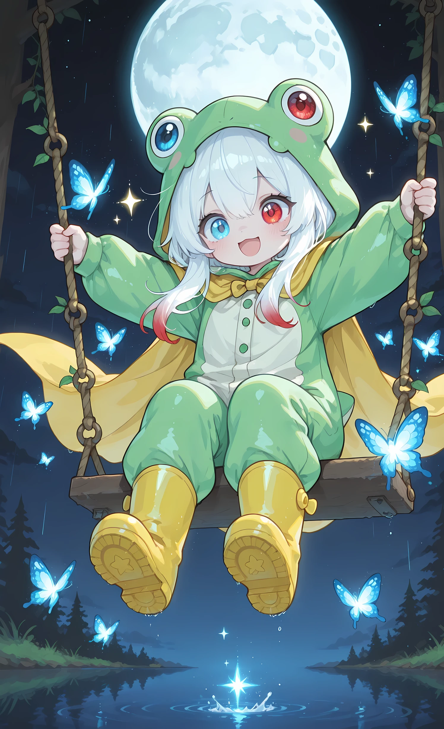 Melys Chibi, masterpiece, best quality, ultra-detailed:1.3, chibi style, 1girl, solo, pure white hair with soft gradient red tips, heterochromia crimson red right eye:1.3 and ice blue left eye:1.3, fair skin, wearing bright green frog onesie with yellow cape, yellow rain boots, dynamic low angle shot, soaring high on swing, magical cloak with glowing blue runes billowing dramatically behind her, cloak flowing with sparkling stardust and shimmering light trails, no wings, glowing blue butterflies flying around her, excited joyful expression, surrounded by water, night sky with full moon and stars, "Magical Cloak" theme, sense of flight and freedom