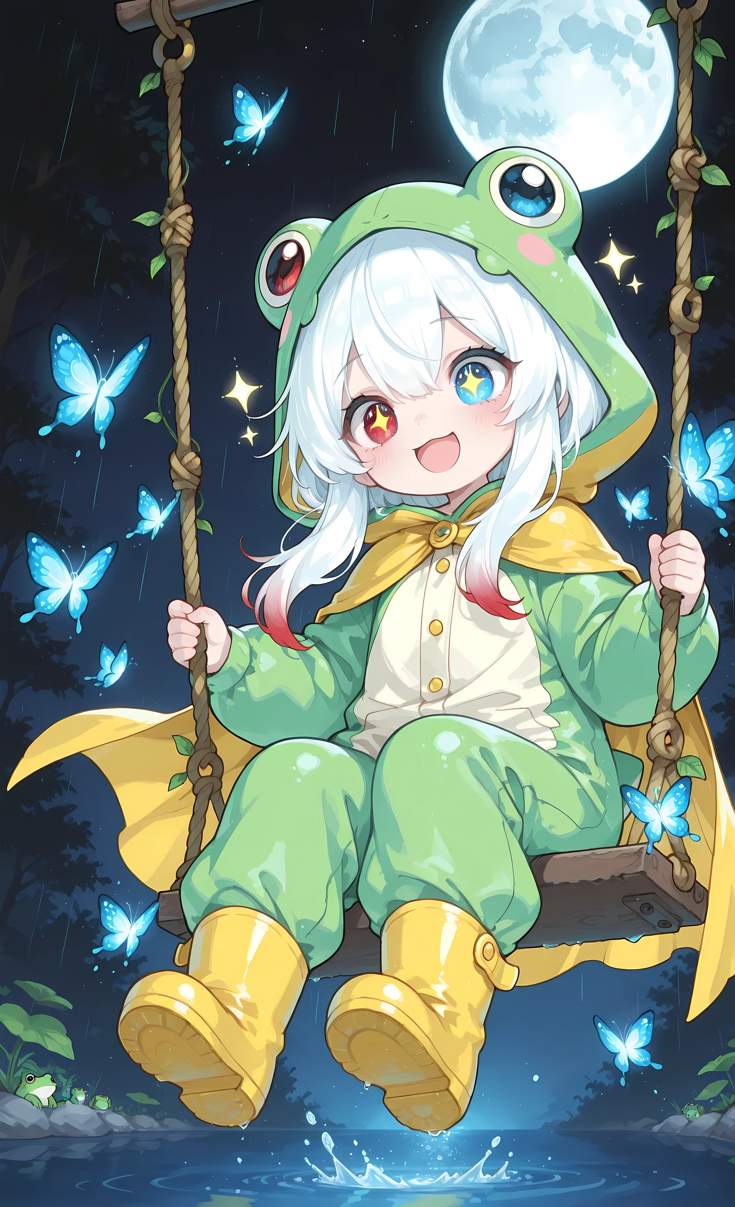 Melys Chibi, masterpiece, best quality, ultra-detailed:1.3, chibi style, 1girl, solo, pure white hair with soft gradient red tips, heterochromia crimson red right eye:1.3 and ice blue left eye:1.3, fair skin, wearing bright green frog onesie with yellow cape, yellow rain boots, dynamic low angle shot, soaring high on swing, magical cloak with glowing blue runes billowing dramatically behind her, cloak flowing with sparkling stardust and shimmering light trails, no wings, glowing blue butterflies flying around her, excited joyful expression, surrounded by water, night sky with full moon and stars, "Magical Cloak" theme, sense of flight and freedom