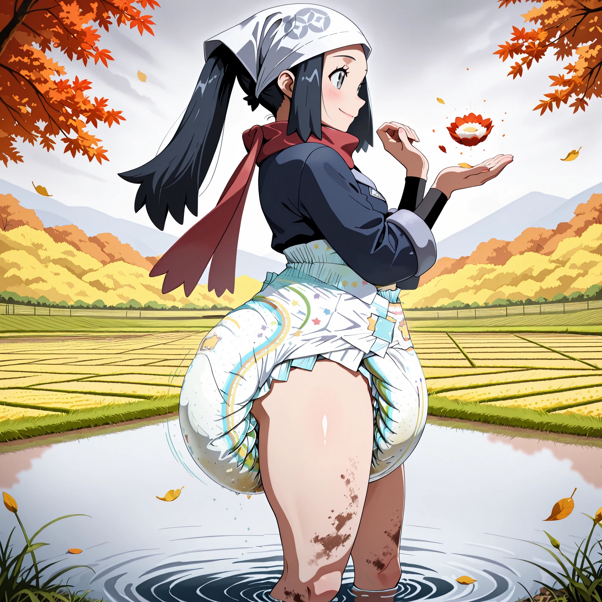 (side view:1.3), (closed-up), cowboy shot, in the afternoon, autumn, outdoors, (in the rice paddy), overcast sky, perfect anatomy, (4 fingers, (1 thumb)), solo,1 short girl, (petie), wading, turning the body to the right, looking to the side, smile, closed mouth, (blush:0.8), (hands up), standing, , opening the hip joint, (bowlegged pose), (dirty skin, dirty feet), (akari \(pokemon\), black hair, grey eyes, long hair, ponytail, sidelocks, forehead, barefoot, head scarf, long sleeves, dark blue jacket, red scarf, sash, scarf, socks, white headwear), (curvy:1.3), fat belly, rich anime, (petals flying, falling leaves, horizontal speed lines), (printed diaper, pink diaper, wetness indicator), (wearing high-waist thick diaper:1.3, high-waist puffy diaper:1.3), (wide hip), (thick thighs:1.2, huge butt:1.3), abu cushies, (top light, dappled sunlight:1.2, high contrast, long shadows, shade:1.1), (masterpiece, detailed, vibrant, very aesthetic, amazing quality),