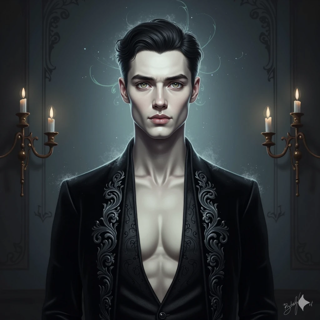 masterpiece, highest quality, solo focus, (perfect face: 1.1), (high detail: 1.1), dramatic, 1guy, (pale skin), long black hair, dark eyes, solo, long hair, moon, night, white luxury set, covered navel, pout, covered, jazz club, detailed background, art by artgerm and greg rutkowski, gothic renaissance, film lighting,