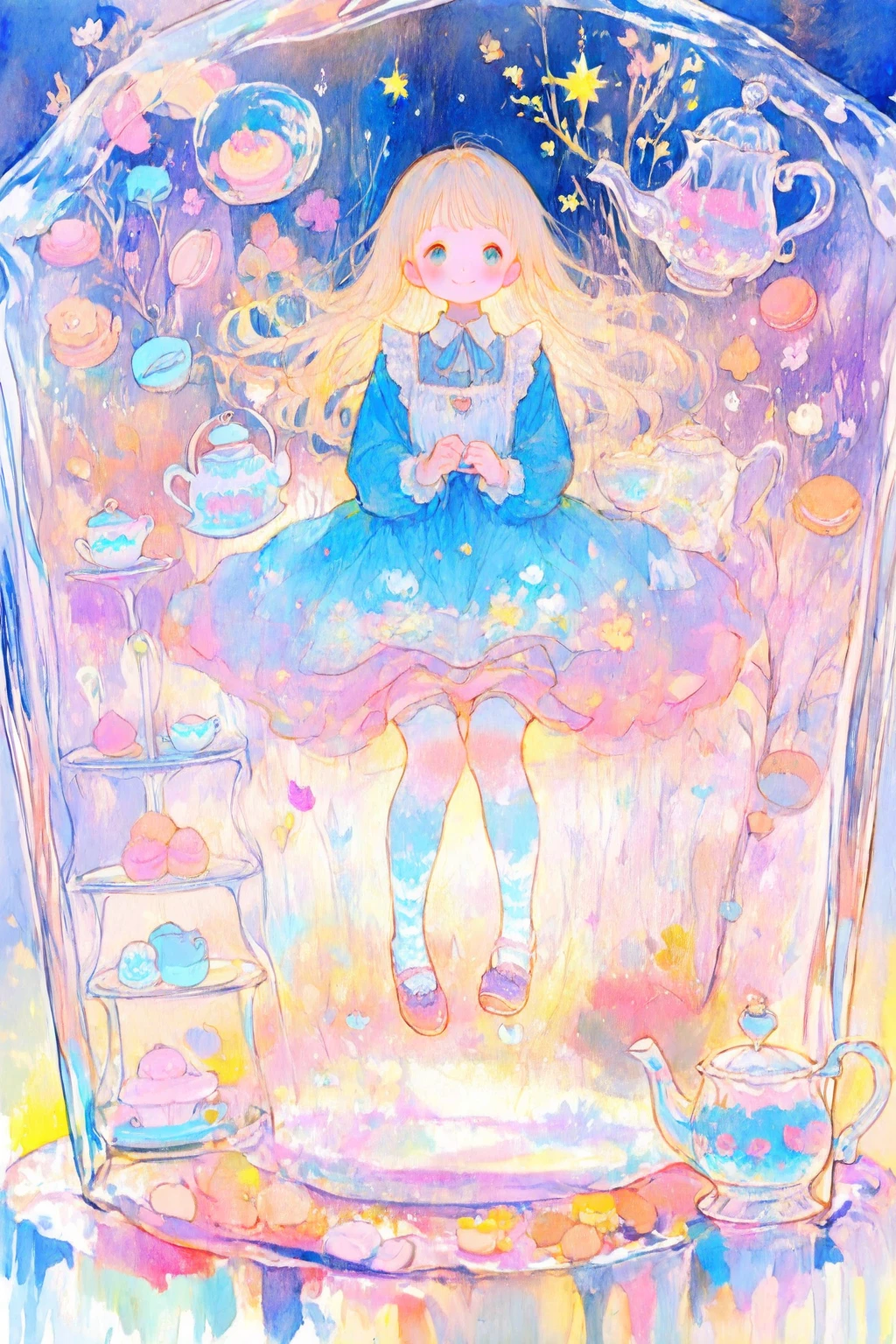a beautiful 20 year old blonde woman with big messy hair in a blue dress, white stockings, black headband, cleavage, holding a glowing mushroom, fantasy art style, rossdraws cartoon vibrant, alice in wonderland cyberpunk, cute detailed digital art, colorfull digital fantasy art, digital fantasy art ), glossy digital painting, rossdraws pastel vibrant, rossdraws 2. 5, rossdraws 1. 0