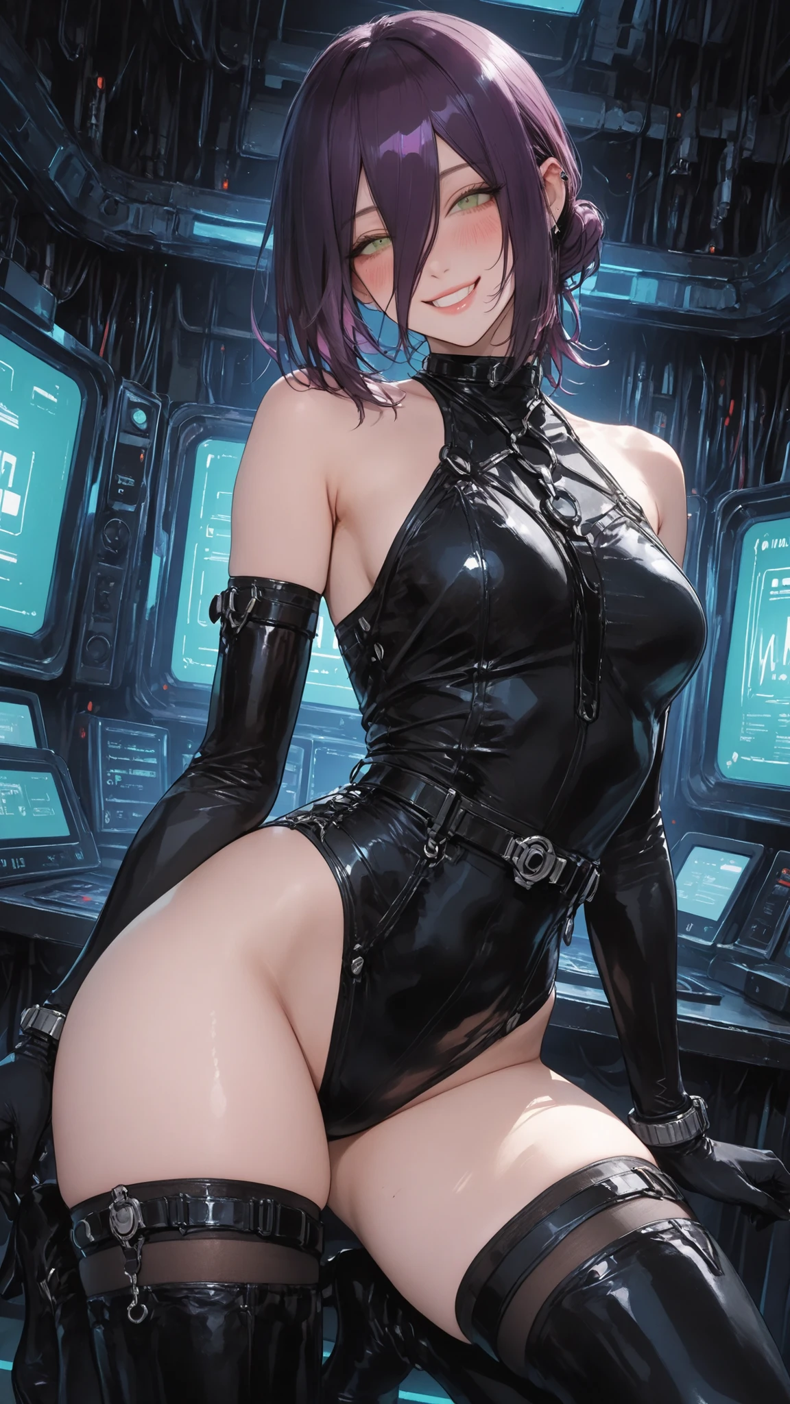 ultra high definition,1girl,reze,green eyes,naughty face,Smile,Blush,fascinated expression,Blush,is embarrassing,looking at me,Exposing shoulders,futuristic outfits,Elbow-length long gloves with a tight waist,black knee-high socks,random pose,Neon Cyber Room,A fantastic atmosphere as if you are on the border between reality and fantasy,mysterious sight,dynamic angle,Cinematic Lighting,