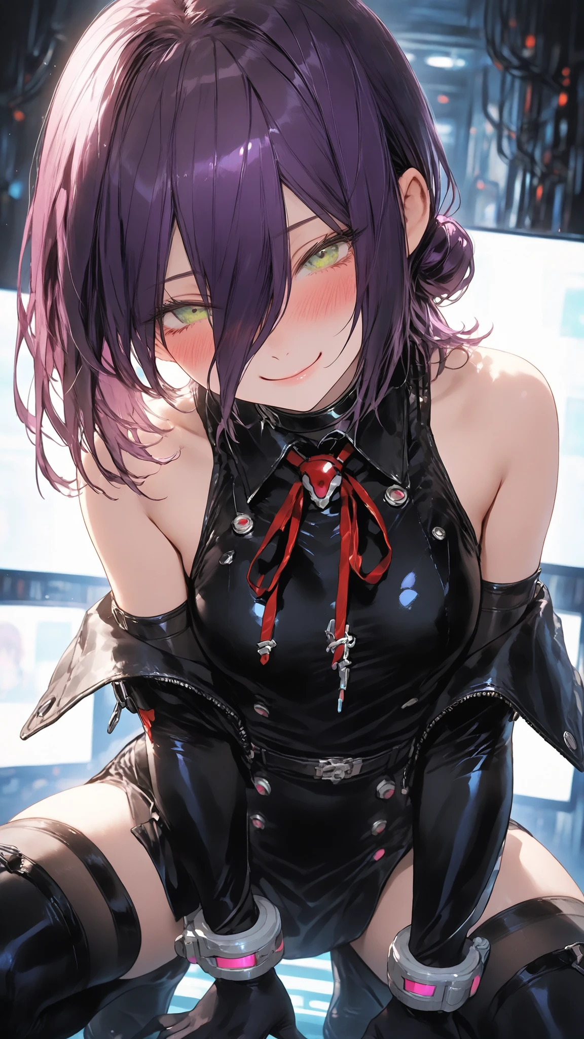 ultra high definition,1girl,reze,green eyes,naughty face,closed mouth,Smile,Blush,fascinated expression,Blush,is embarrassing,looking at me,Exposing shoulders,futuristic outfits,Off Shoulder Jacket,Elbow Length Long Gloves Tight Waist,black knee-high socks,random pose,Neon Cyber Room,A fantastic atmosphere that makes you feel like you are on the border between reality and fantasy,mysterious sight,dynamic angle,Cinematic Lighting,Brilliant Light,light particle