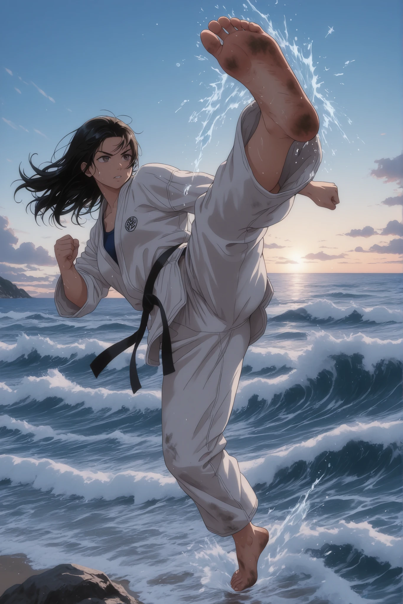 water, black_belt, soles, ocean, dirty, feet, kicking, female_focus, outdoors, cloud, karate_gi, sky, barefoot, black_hair, waves, dirty_feet, solo, 1girl, dougi