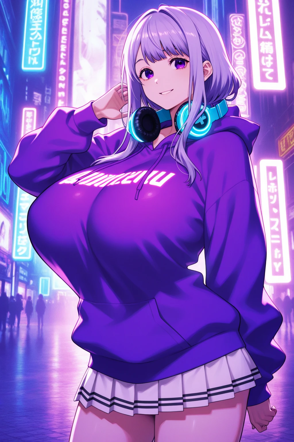 masterpiece, best quality, high resolution, UHD, 8k, cowboy shot, BREAK,  1 girl, girl style anime, Glossy skin, rounded eye, beautiful eyelash, realistic eye, beautiful woman, DJ girl, with blue hair with black highlights, asymmetrical bob cut, ???????????, with headphones wearing a hoodie printed with a neon unicorn, BREAK, standing playing a turntable with  a lot buttons of colors,  and laser rays and neon light, with many lights, colored lasers, balloons, and colored confetti.