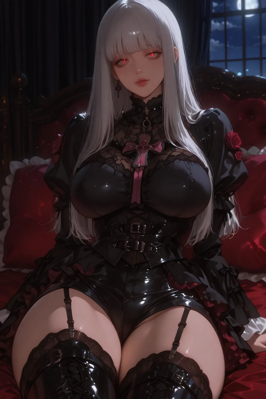 ???????????　Black Lingerie　Black garter belt　Black high heels　???? your ?????　????????????：１．４　Very ?????????????　Silver Hair　Alley　Big eyes　Very strong highlights　Drooling　??????　Looks so comfortable　????　?????? piercing　Ecstatic expression　Perfect ???????　One female　M-shaped legs　Rub your own ???????　２４age　Crimson Eyes　Beautiful legs　Intense ???