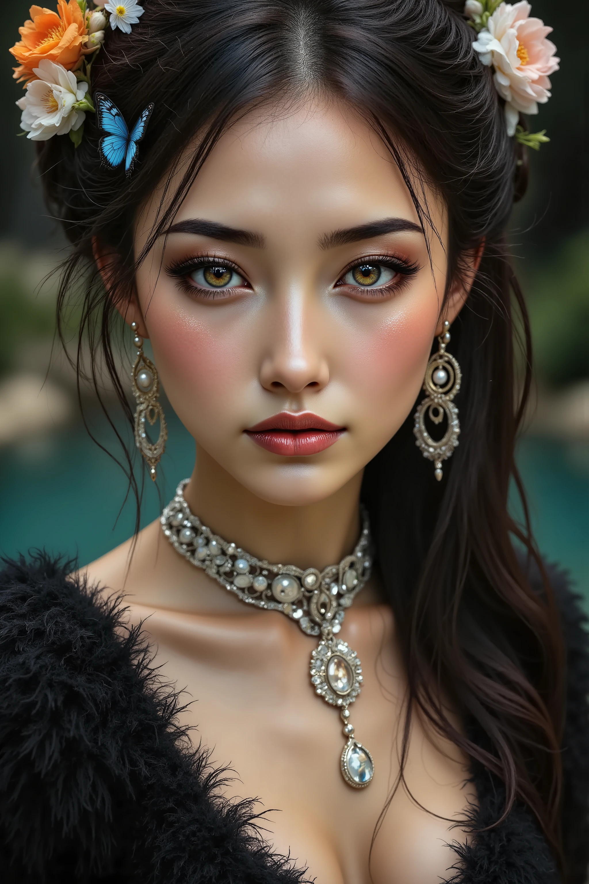 Ultra-realistic (photorealistic Realism) , "UHD, Hyper high resolution" - "(Hyper quality, intricately ultra-detailed digital art)" (Key Directive: - ("The priority is the anatomical accuracy and texture of the materials" - "Ultra-sharp human eyes with biological accuracy") (realistic texture details: velvety skin, hair), long Lashes: individual synthetic fibers (crosshatched roots:1 . 2 , clump-free separation), { "Eyes:(acid-resistant terminology) (macro-details:1.5): * Moist corneal surface (visible aqueous layer:1.2) * Hyper-detailed iris eyes (green) * Precise limbal ring (slightly darker pigmentation:1.3) * Pupil micro-texture (irregular edge authenticity:0.9) * Vasculature in sclera (subtle blue veins radiating from limbus)" } (Avoid: "pupil distortion , uncanny valley asymmetry , plastic-like wetness"),detailed portrait of a princess wearing a luxurious fur robe over a royal dress, she has a warm smile on her face, lush waterfall in the background, colorful flowers surrounding her, highly detailed, 8k, photorealistic, realistic lighting, professional digital art, dramatic fantasy style, oil painting, vibrant colors, intricate details, h4nd