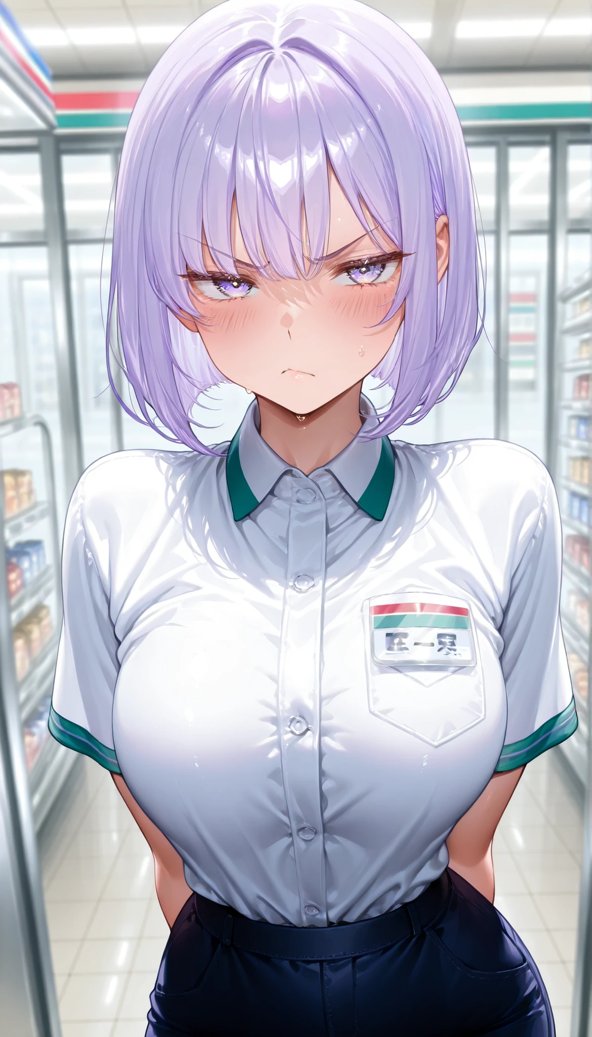 beautiful woman、(((1girl)))、(((high image quality、4K、High Quality、amazing、masterpiece:1.2)))、((pretty face、convenience store clerk))、(light purple hair、bob cut、Shy、Bust 110cm)、beautiful eyes、beautiful、big eyes、grumpy、Tsundere、blushes cheeks、((dynamic angle、dynamic pose)))