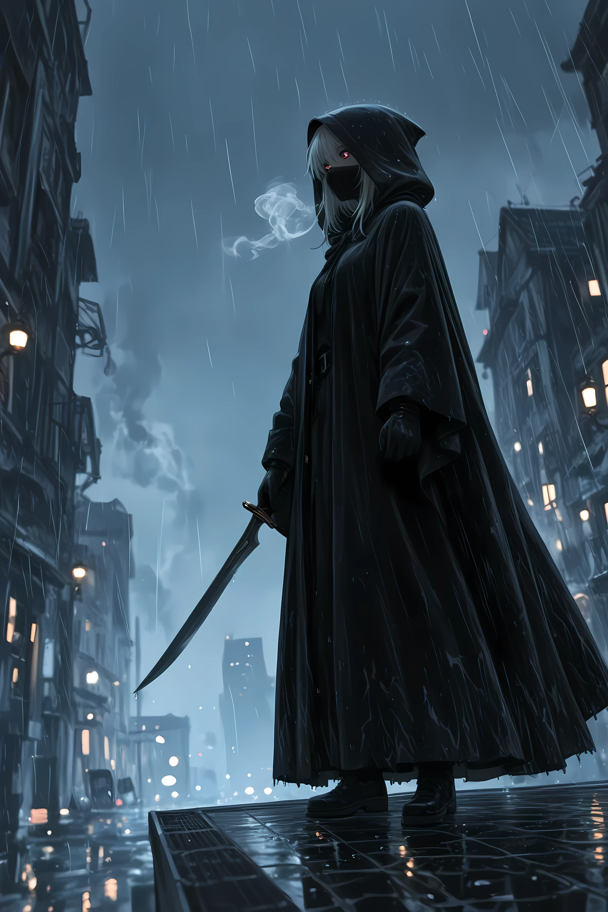 (masterpiece, best quality, ultra-detailed, 8k, cinematic low-key lighting),
1woman, solo, (assassin spy aesthetic), wearing long dark cloak fluttering in wind, hood partially concealing face,
short silver hair visible beneath hood, sharp focused eyes, side view three-quarter angle,
holding dagger in gloved hand, motion implied by cloak movement,
standing on rain-soaked rooftop, blurred city lights below,
wet reflective texture on cloak, faint glimmer from distant neon,
subtle smoke drift, fabric flowing, moonlight rim light on silhouette,
dramatic composition, painterly microdetail, stealthy mysterious tone