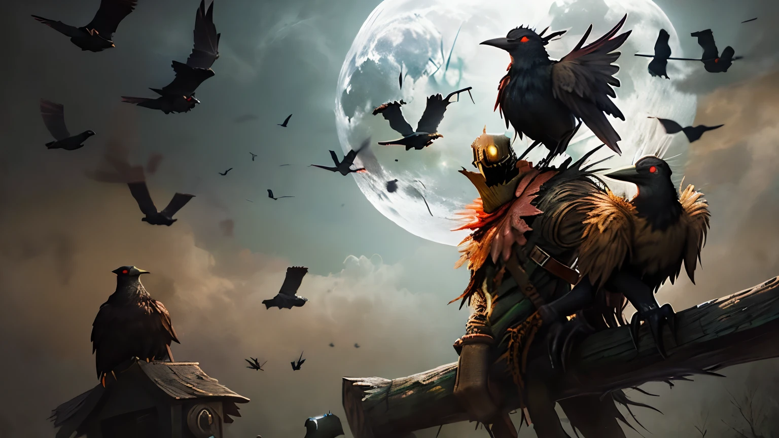 Fiddlestickset (league of legends) crow, sitting on her shoulder, , illuminated by the moon, "Eternal terror, known as Fiddlesticks, roams the borders of mortal civilizations., , reaches out to regions, overrun by paranoia". scarecrow , окруженное crowми, , of which he is the sole owner.. high quality, 4K resolution , professional work of art, Spooky Presence