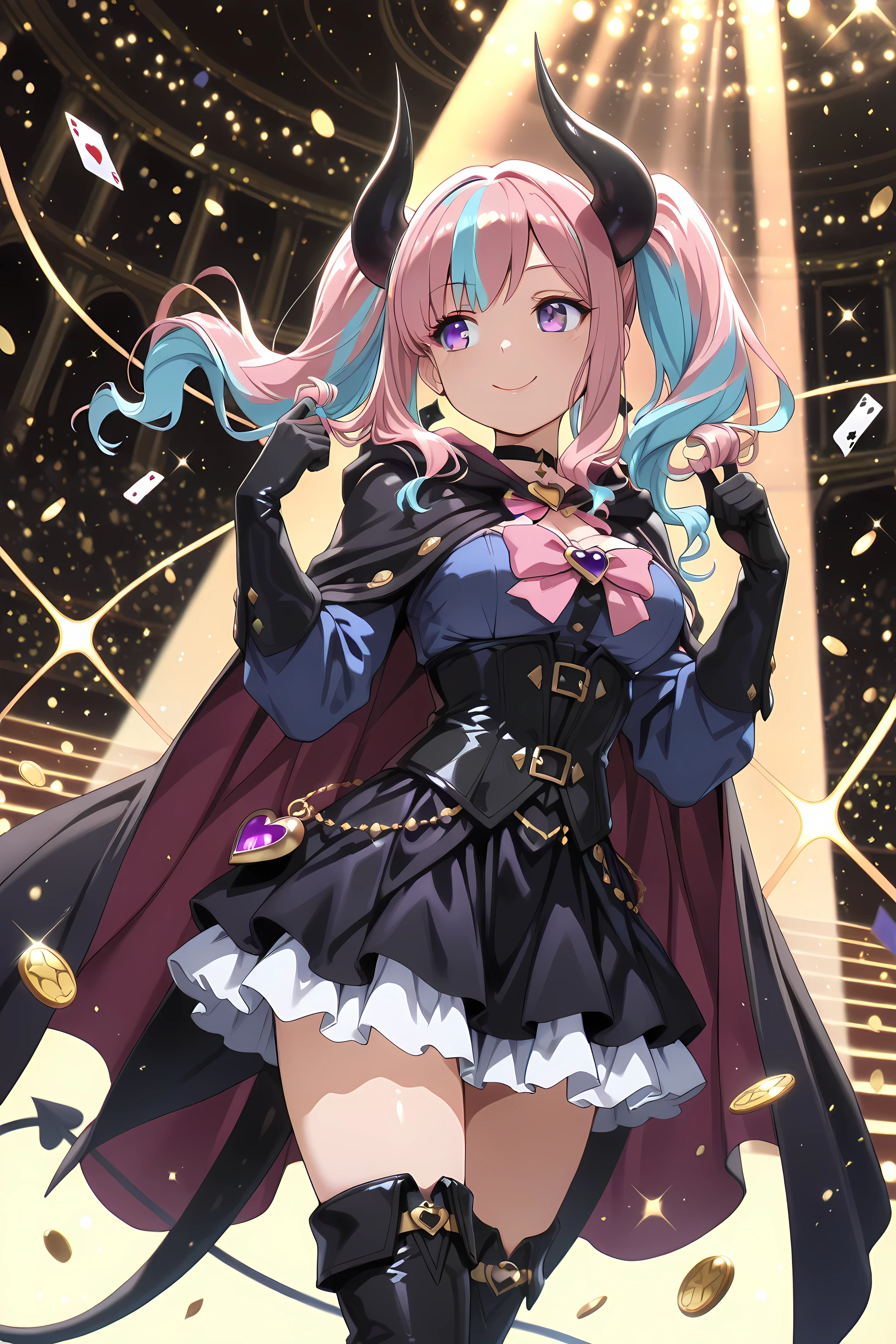 (masterpiece, best quality, ultra-detailed, 8k, cinematic warm-to-cool lighting, magical realism style),
1girl, ((purple eye)), ((two-tone hair, pink hair, light blue hair)), twin tails, (black horn), (heart charm choker),
wearing magician thief outfit, short cloak with glowing inner lining, corset and frilled skirt, thigh-high boots, gloves,
twirling mid-motion, cloak dramatically flaring outward, side angle three-quarter view,
glittering candy and light particles scattering around,
floating cards, coins, tiny ribbons, sparkles trailing behind,
stage lights blending with moonlight, soft wind effect in hair and cloak,
playful confident smile, theatrical atmosphere,
painterly microdetail, soft rim glow, fantasy elegance with movement emphasis