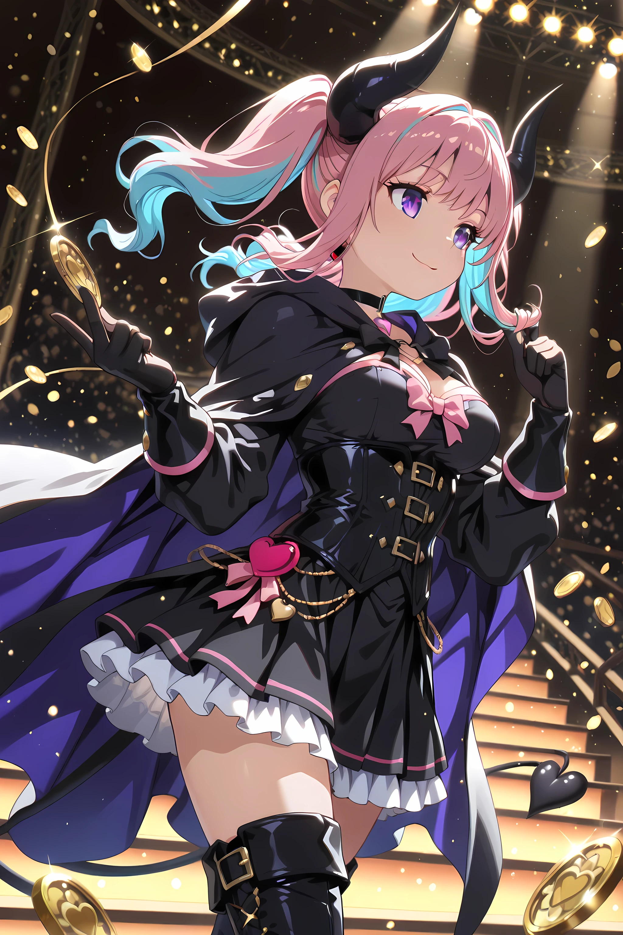 (masterpiece, best quality, ultra-detailed, 8k, cinematic warm-to-cool lighting, magical realism style),
1girl, ((purple eye)), ((two-tone hair, pink hair, light blue hair)), twin tails, (black horn), (heart charm choker),
wearing magician thief outfit, short cloak with glowing inner lining, corset and frilled skirt, thigh-high boots, gloves,
twirling mid-motion, cloak dramatically flaring outward, side angle three-quarter view,
glittering candy and light particles scattering around,
floating cards, coins, tiny ribbons, sparkles trailing behind,
stage lights blending with moonlight, soft wind effect in hair and cloak,
playful confident smile, theatrical atmosphere,
painterly microdetail, soft rim glow, fantasy elegance with movement emphasis
