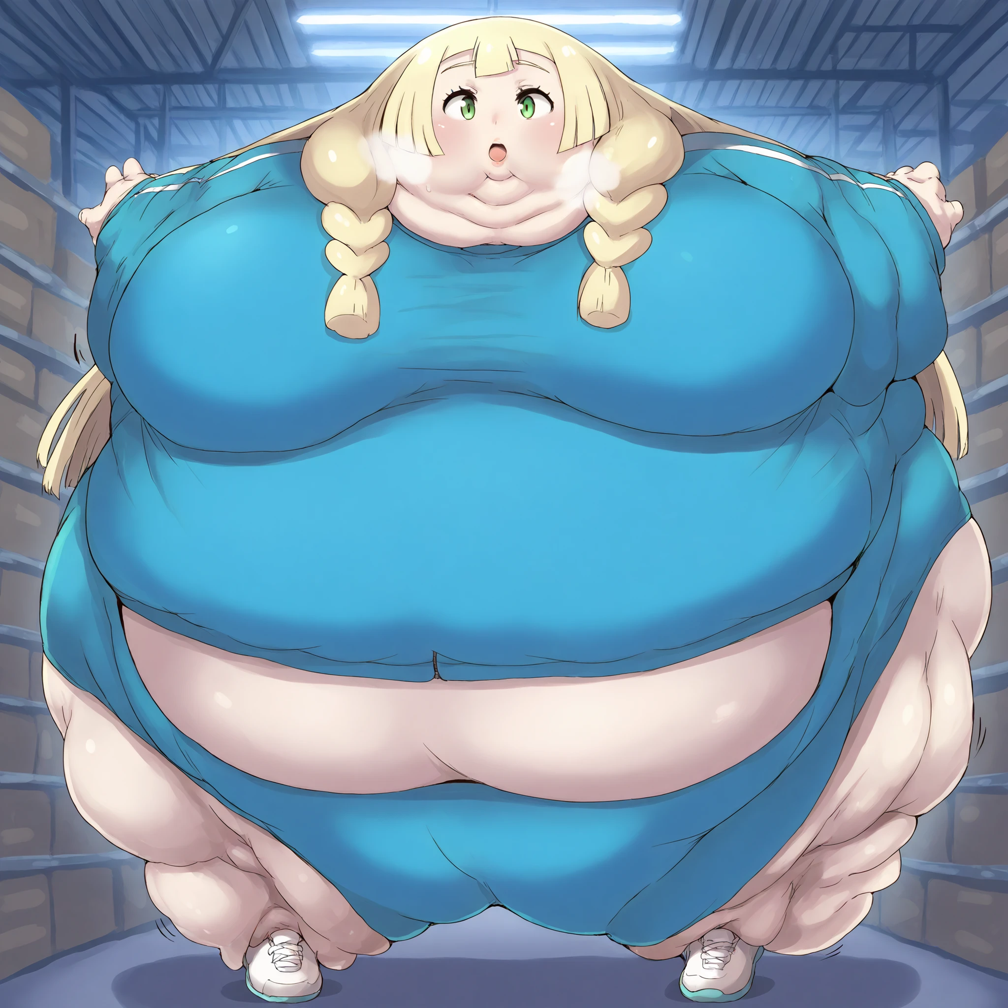 aalillie, long hair, blonde hair, twin braids, green eyes, warehouse, tracksuit, shoes, fat, chubby, obese, fat neck, multiple chins, big breasts open mouth, out of breath, Larger female, full body shot, only head, large head, oversized limbs, large hands, large feet, oversized feet, oversized fingers, big lips, plump lips, fat face, fupa, big fupa, fat fupa, sphere_tf mini limbs only head, sphere body