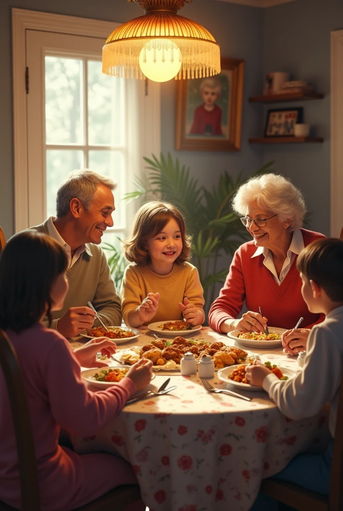 一家人在桌上吃饭，七八十年代的陈设，爷爷奶奶和小朋友以及爸爸妈妈围桌在一起有说有笑