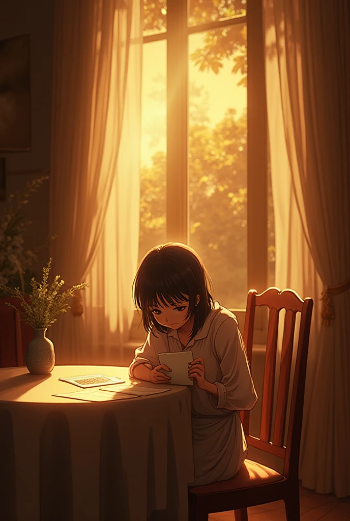 A high-quality, high-resolution anime illustration of a 20-year-old beautiful woman, full-body, standing in a cozy living room, detailed background, warm colors, casual clothing, sunlight streaming through the window, coffee table with a cup of tea, bookshelf filled with books, plants in the corner, realistic lighting, morning light, relaxed atmosphere, soft shadows, wooden floor, modern decor, comfortable and inviting space, high detail, vibrant colors, expressive  features, natural pose