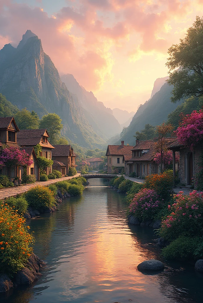 A small village by the river, montanhas ao fundo, flores coloridas, paisagem detalhada, beautiful natural scenery, atmospheric lighting,  scorching sunset , cores quentes, practical, photographic, folhagem detalhada, complex buildings , cobblestone street, charming country house, cores vibrantes, lush vegetation, reflections in the water, pitoresco, idyllic, obra de arte, melhor qualidade, 8k, extremely detailed, Anime style create a video of a naked woman having sex
