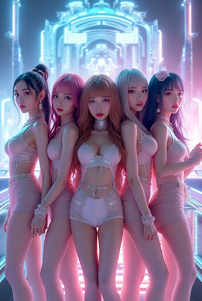 The character costume is KPOP, Hallyu, K-pop anime art style, Hallyu frontline style, Hallyu art style, kpop style, official artwork, Chibi art, Pisif, Blackpink style, cute.     KPOP artwork in various poses, The popularity of Pisif art station, , 16 year old chibi, No watermark, Extra close-fitting , , extra short clear top Strapless, cleavage, style clothing cyberpunk, smallest short short, wide angle, short top, very short, 3 innocent girls, UHD 32k, RAW, Wide  hips,  siut,