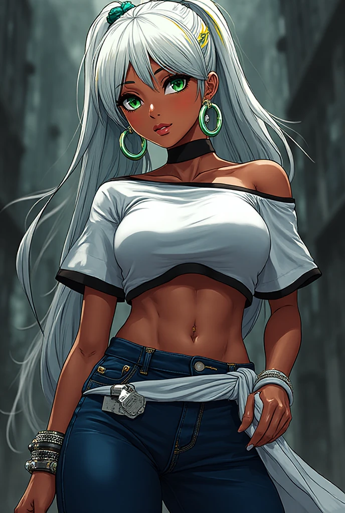 A dark-skinned woman with silver hair in a ponytail, Wearing a black dress shirt and slim jeans,　Grilling eel　Showing your belly button