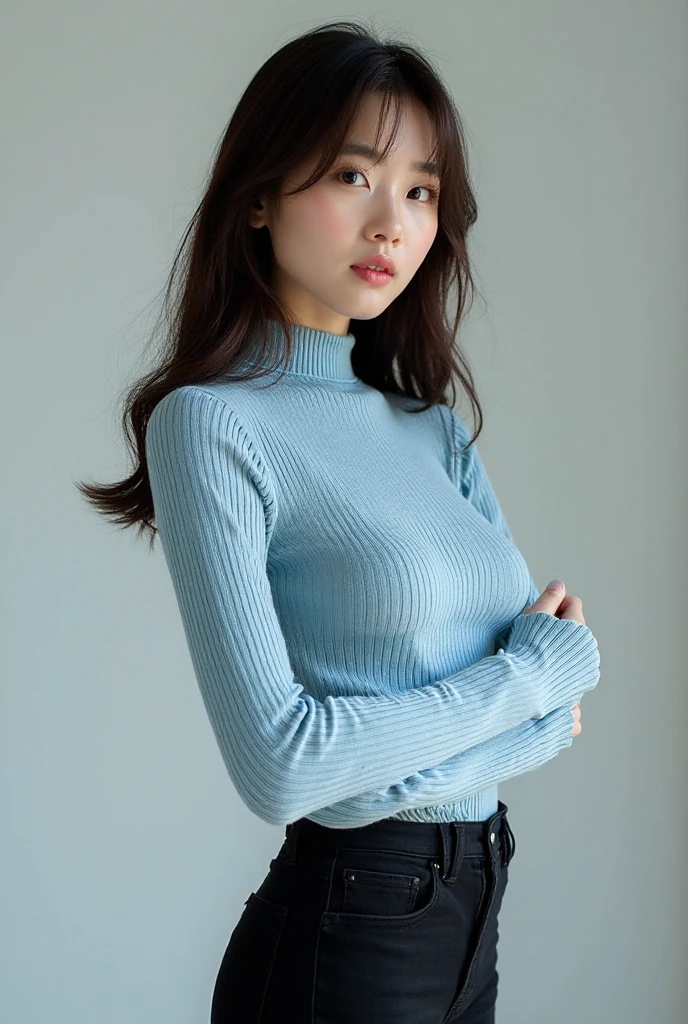 18 years old girls，Perfect face and，cute clothing，slim and slender physique。The skin has detailed and highly detailed eyes（1.1 emphasis），Very detailed skin texture（1.1 emphasiodel photo style，realisticlying，skin texture is real human skin texture，Detailed Skin Pore，Complicated details，The eyes are very detailed，kneesup，Attractive and sexy chibi，smile，，Eat parfait at a café，sitted，Dark blue knit sweater，black long pants，coffeehouse，tit， of breast，full bodyesbian，Full-body photography，Full body photography，Full body like，Slim waistline， Tempting， slutty, (())， (Realistic, photograph realistic:1.37), Cinematic light