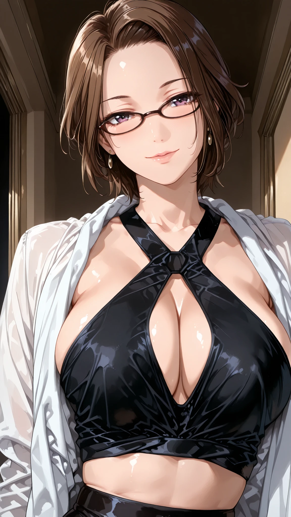 solo, tomoe (accelerando), purple eyes, brown hair, short hair, glasses, mature woman, Tight waist、Small waist、shiny Skin , (upper body), sexy, (adult woman, 25+), score_9, score_8_up, score_7_up, source_anime,(extremely detailed CG), (best quality), Beautiful woman, seductive pose, wearing an ornate, sheer cape draped over a sexy, high-fashion costume. Close-up shot, golden hour lighting, cinematic detail, photorealistic. 8k, super huge breasts :1.5 、Extra thin waist :1.5、