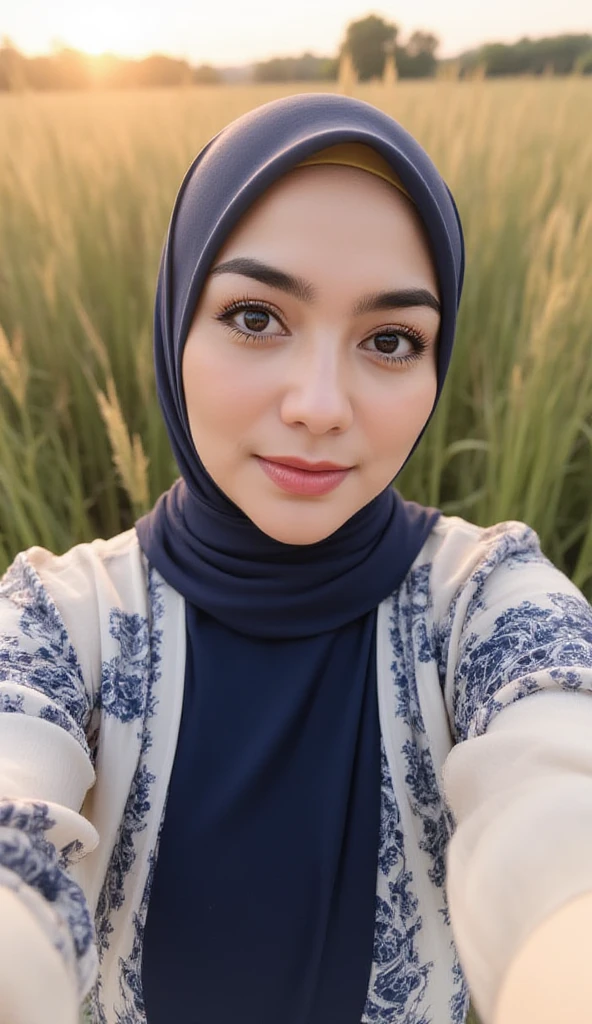 adorable, 1 girl, (face to face), 10 years old, baby face, happy, half body portrait, (face details: 1), (eye details: 1), ((big breasts)). wearing  softblue long shirt, hijab, .. Cute posed. proportional body. Ultra High Res. realistic: 1.4, UHD, (floral pattern)
