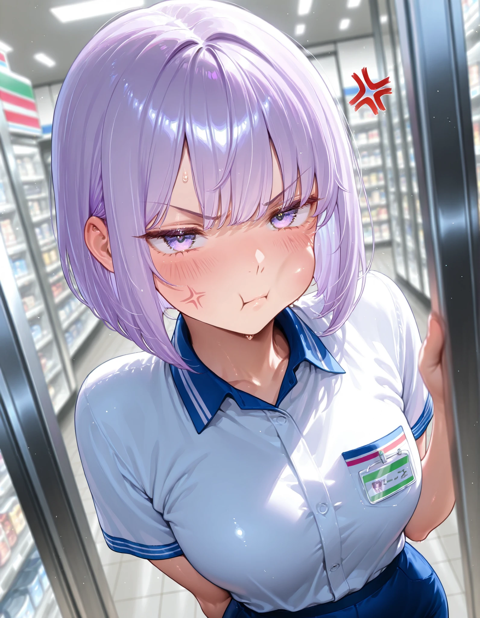 beautiful woman、(((1girl)))、(((high image quality、4K、High Quality、amazing、masterpiece:1.2)))、((pretty face、convenience store clerk))、(light purple hair、bob cut、Shy、Bust 110cm)、beautiful eyes、beautiful、big eyes、grumpy、Tsundere、blushes cheeks、((dynamic angle、 angry mark)))