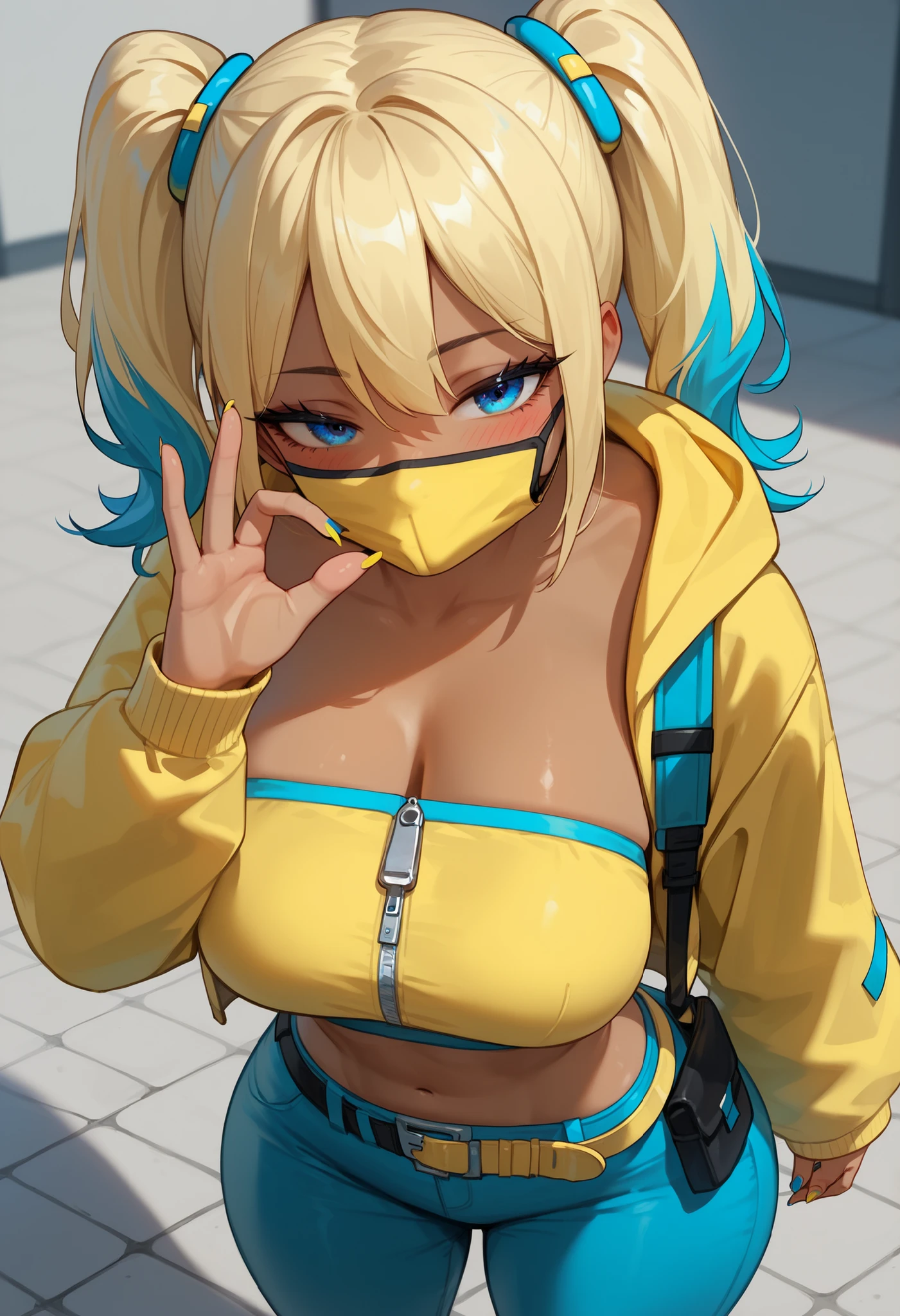 canari,dark-skinned female, multicolored hair, two-tone hair, blonde hair, blue hair, twintails, blue eyes,hair ornament, mouth mask, yellow jacket, hooded jacket, open jacket, long sleeves, sleeves past wrists, yellow bandeau, crop top, midriff, zipper, nail polish, yellow nails, blue nails, pants, pouch, belt, white footwear, looking at viewer, thick, big breasts, thick thighs, big ass, blushing, half lidded eyes, sexy, blowjob gesture, close up, looking up, tall perspective