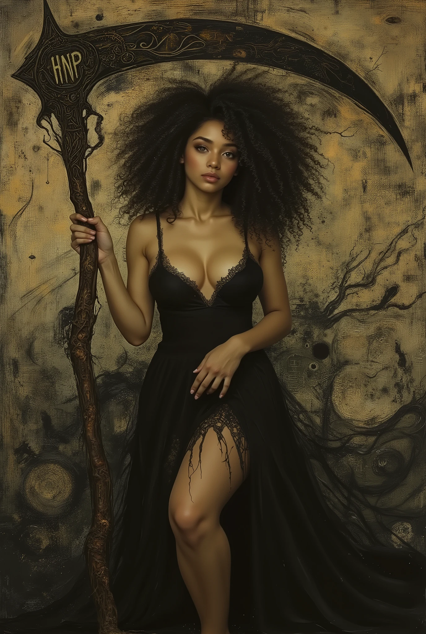 a dark-haired woman in a black dress, sfw, the most beautiful female death in the world, mixed african american laughing face, dimpled cheeks, split tooth smile, with lovely caramel skin and thick thighs big beautiful ass, nice waist, small round breasts, holding a scythe with the letters "HNP" engraved on it, dark fantasy, gothic, dramatic lighting, cinematic, detailed portrait, chiaroscuro, dramatic pose, intricate clothing folds, muted colors, moody atmosphere, highly detailed, photorealistic, 8k, masterpiece, neon colored, (oil painting,digital painting,masterpiece:1.2),photorealistic,8k,detailed,vivid,dynamic composition (dark and gloomy abstract painting),(dark colors,moody,ominous,mysterious,enigmatic:1.2),(abstract,surreal,avant-garde,conceptual art:1.1),organic shapes,textured brush strokes,dark tones,high contrast,emotive,evocative,atmospheric,cinematic