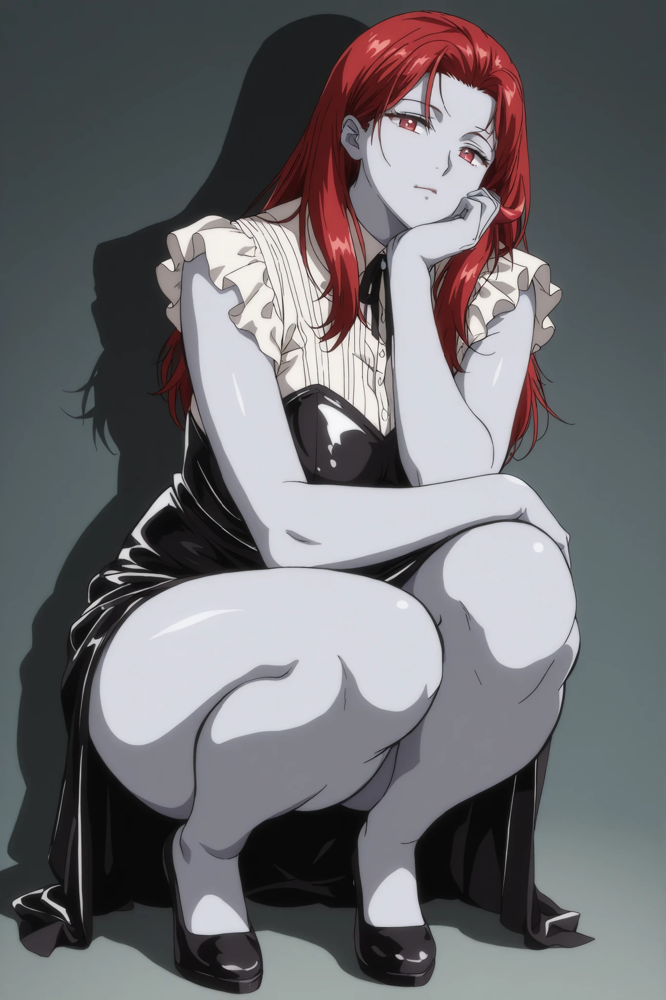 (((Character appearing to be around 40 years old, age of 40)))
(((Vampire woman)))(((Red hair)))(((Light-colored skin, Caucasian)))(((Stylish anime-style clothing)))(((Turning her body to face the viewer)))((Staring intently at the viewer))) Anime woman, full body(((Body with beautiful curves, sitting, crouching)))
(((Simple color style, flat light and shadow, no gradients, clean line art, outline in lines.)))