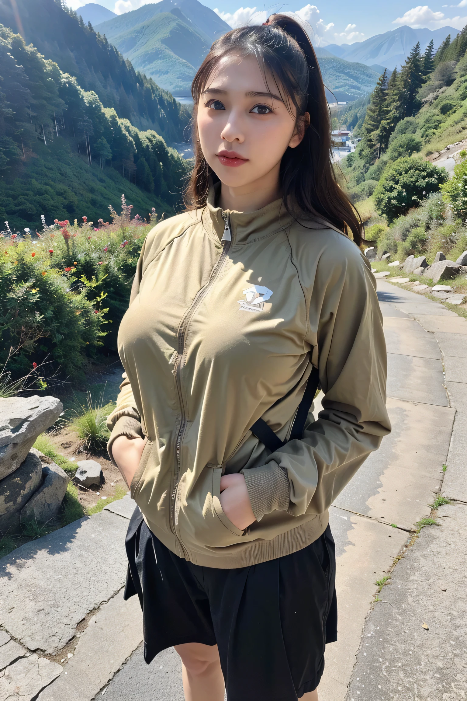 Upper body image,masterpiece,Highest Quality,Ultra High Definition, One Woman,((huge breasts)),(comfortable and breathable hiking wear with zipper jacket),sunshine shining into a mountain path,((Carrying a large mountaineering rucksack)),Age 15,I'm standing on an autumn mountain path in the morning,Statuesque,Athletic,(toned),curvy,筋肉質なupper arm,筋肉質なupper leg,(perky breasts),(((teenager, adolescent:1.5)))