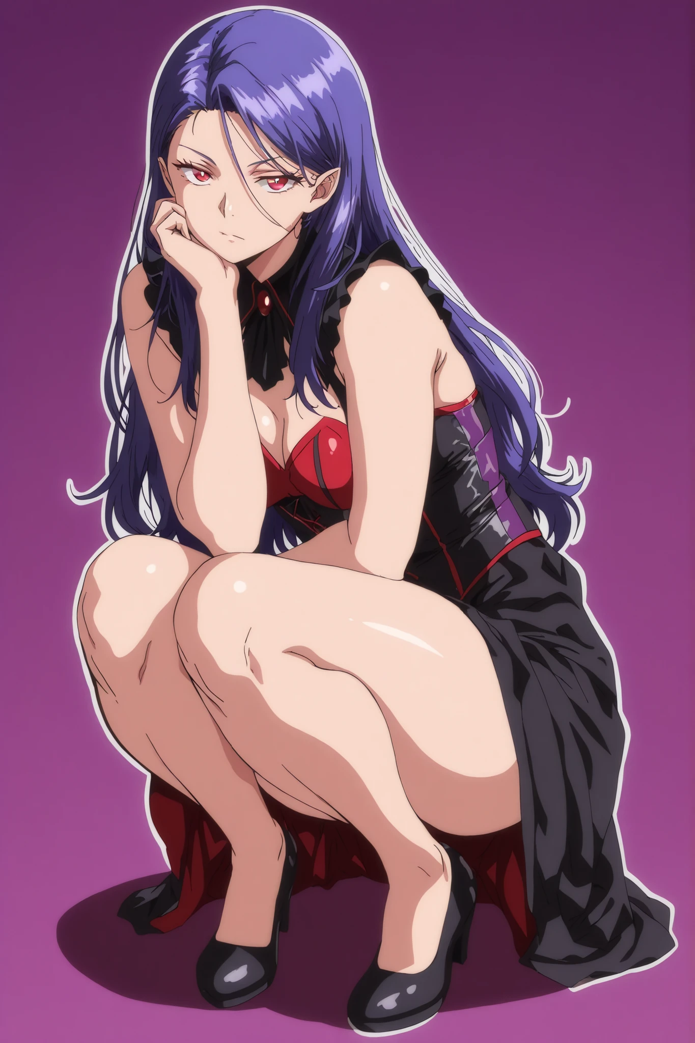 (((Character appearing to be around 20 years old, age of 20)))
(((Vampire woman)))(((Purple hair)))(((Fair skin, European skin tone)))(((Stylish anime-style clothing in red, purple, and black)))(((Turning her body to face the viewer)))((Staring intently at the viewer))) Anime woman, full body(((Body with beautiful curves, sitting, crouching)))
(((Simple color style, flat light and shadow, no gradients, clean linear art, outline in lines.)))