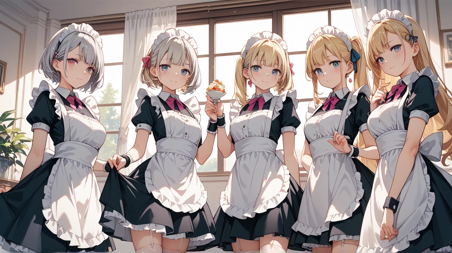A group of  maids, (in kitchen), various hair styles, harem, wearing maid clothes, night, details face, short skirt, seducing, sleeveless, armpits 