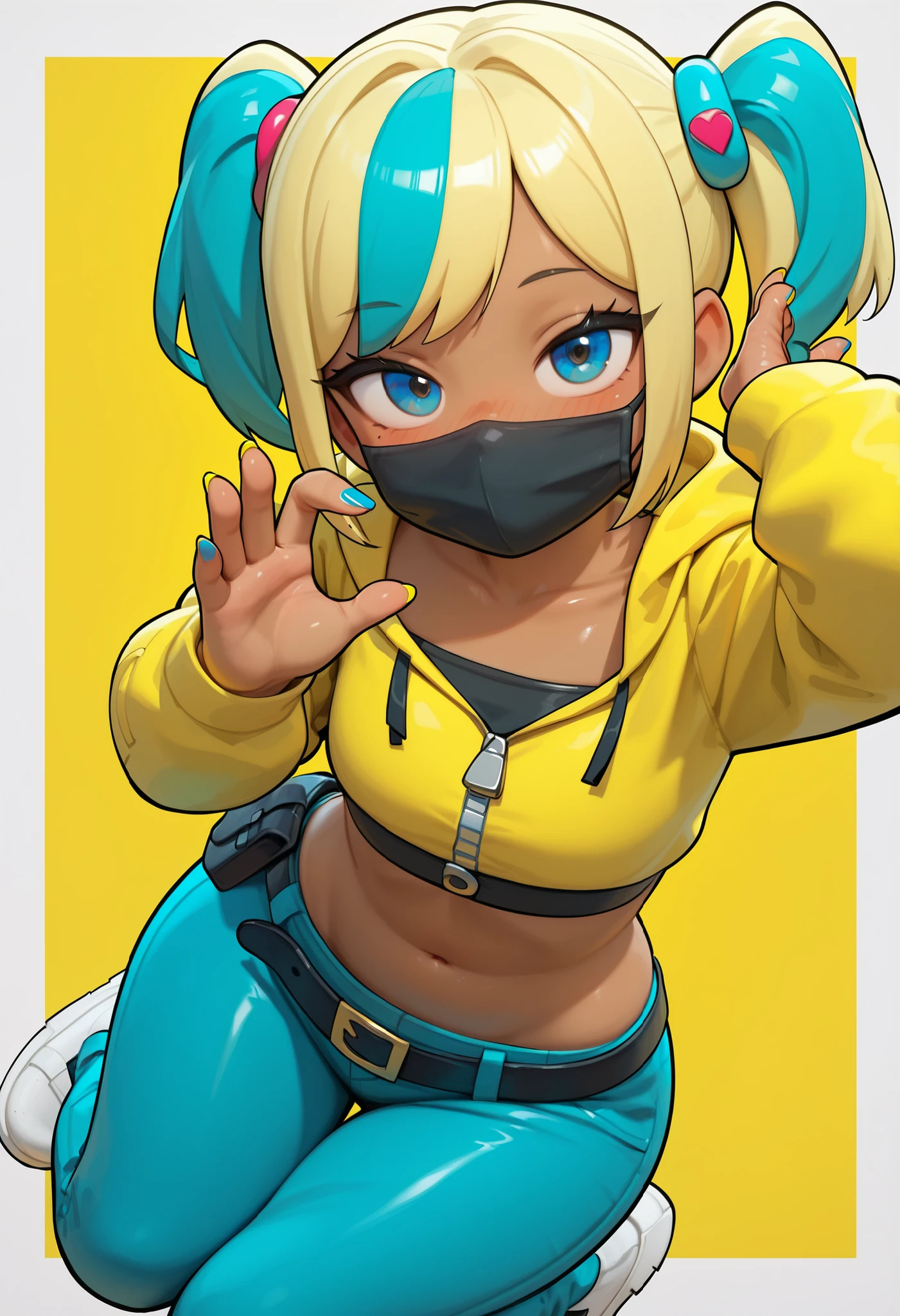 canari,dark-skinned female, multicolored hair, two-tone hair, blonde hair, blue hair, twintails, blue eyes,hair ornament, mouth mask, yellow jacket, hooded jacket, open jacket, long sleeves, sleeves past wrists, yellow bandeau, crop top, midriff, zipper, nail polish, yellow nails, blue nails, pants, pouch, belt, white footwear, looking at viewer, thick, thick thighs, big ass, blushing, half lidded eyes, sexy, blowjob gesture, looking up, tall perspective, Shiny skin, heavy blush, horny, anime style, CuteToon_ST, cute girl, sexy girl