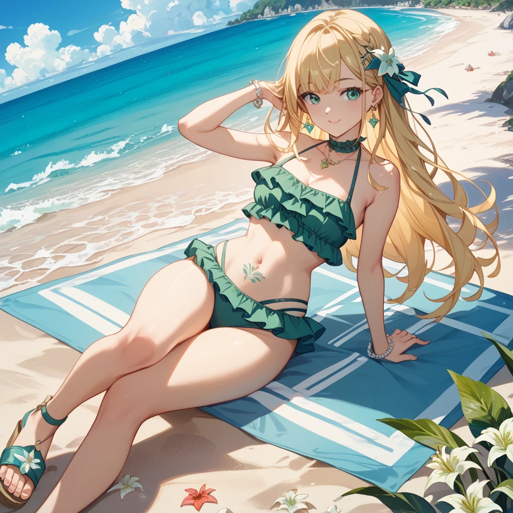 laying down, solo, 1girl, highres, green eyes, green hair, small , looking at viewer, extremely detailed, jewelry, crown, earring, single earring, lace, sundress, shawl, outdoor, beachside,  smile, beautiful, HD, tongue, tongue out