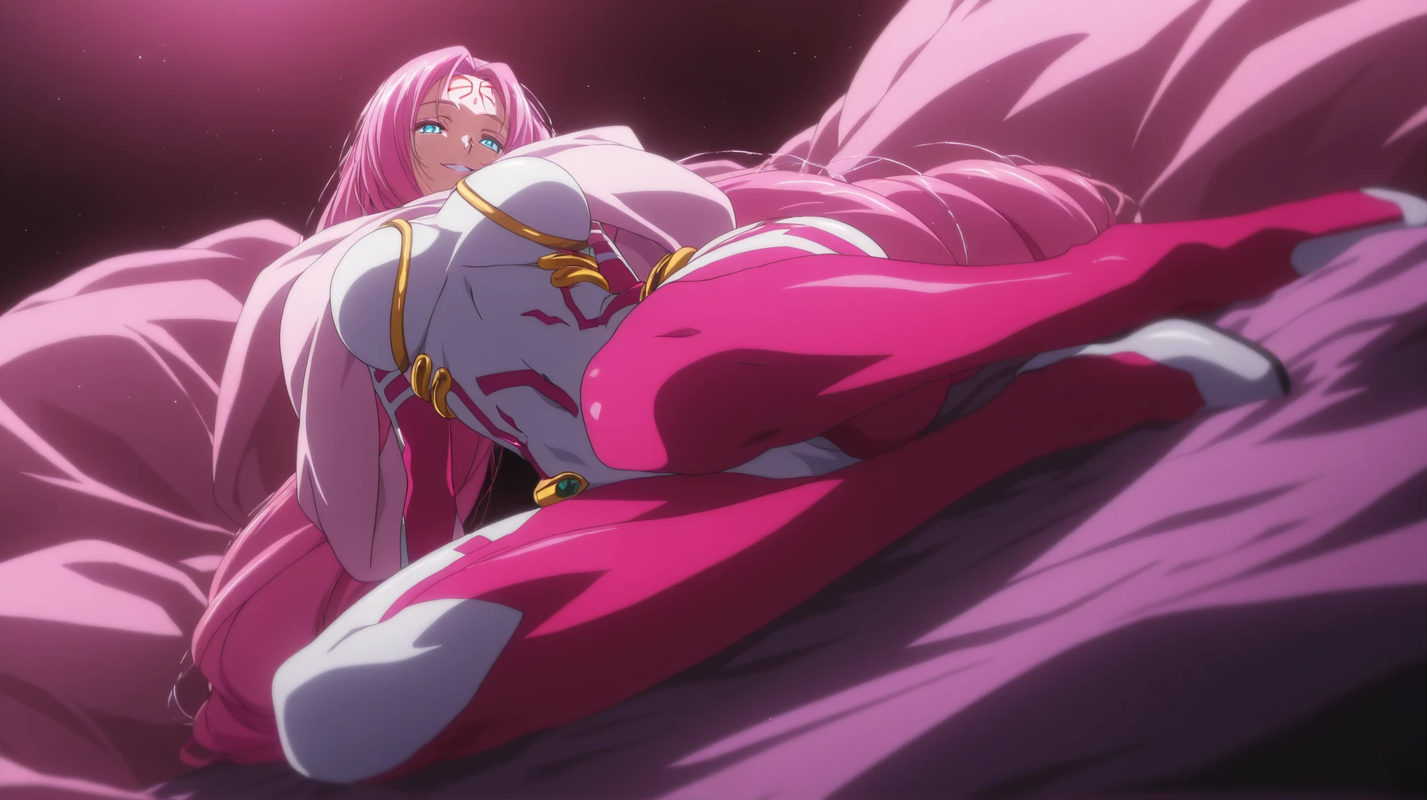 so dakki, old costume1, 1girl, solo, soft darkness, masterpiece, best quality, amazing quality, very aesthetic, absurdres, newest, so dakki, anime screencap, anime coloring, sensitive, dynamic pose, dynamic angle, old costume1, 1girl, facial mark, forehead mark, shawl, pink shawl, Light pink long hair , white leotard , Fluorescent Pink pantyhose , shoes, bangobu so_dakki_v5_sdxl_embeddings, , simple background, smile , full body view , Lie cross-legged on the bed