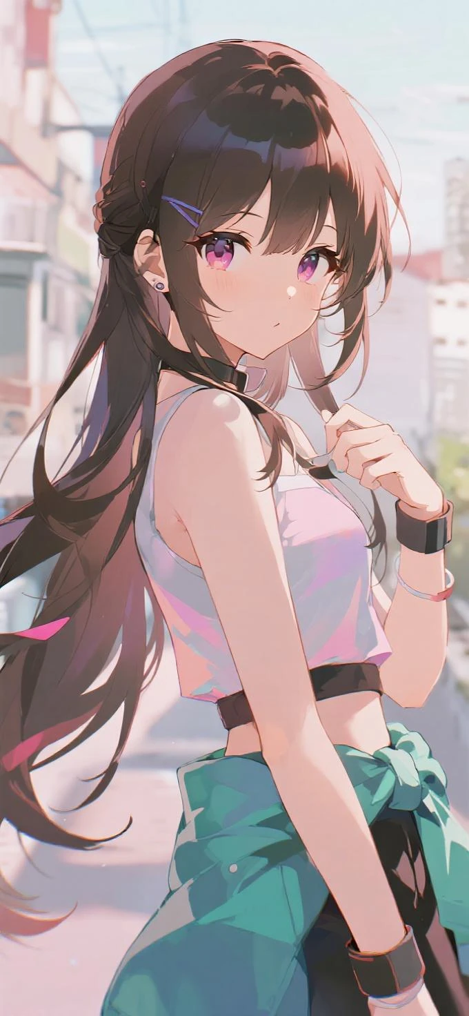 (satin、silk、Black )、Realist, 1 girl, In white, Purple Eyes, Bright Eyes, Crop top, skirt, Chapped lips, blush, evening, Flores, sun, sunlight,