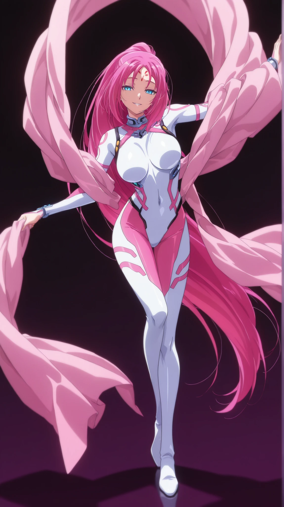 so dakki, old costume1, 1girl, solo, soft darkness, masterpiece, best quality, amazing quality, very aesthetic, absurdres, newest, so dakki, anime screencap, anime coloring, sensitive, dynamic pose, dynamic angle, old costume1, 1girl, facial mark, forehead mark, shawl, pink shawl, Light pink long hair , white leotard , Fluorescent Pink pantyhose ,  shoes, bangobu so_dakki_v5_sdxl_embeddings, , simple background,   smile , full body view , Cross-legged standing pose