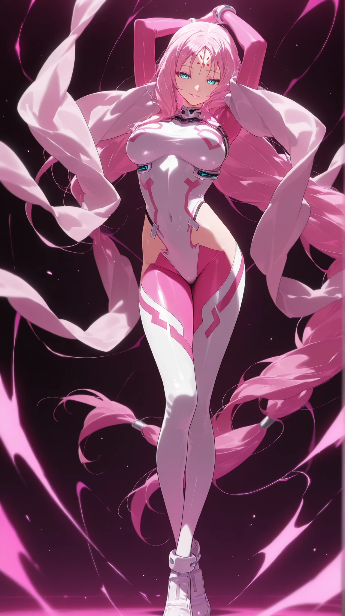 so dakki, old costume1, 1girl, solo, soft darkness, masterpiece, best quality, amazing quality, very aesthetic, absurdres, newest, so dakki, anime screencap, anime coloring, sensitive, dynamic pose, dynamic angle, old costume1, 1girl, facial mark, forehead mark, shawl, pink shawl, Light pink long hair , white leotard , Fluorescent Pink pantyhose ,  shoes, bangobu so_dakki_v5_sdxl_embeddings, , simple background,   smile , full body view , Cross-legged standing pose